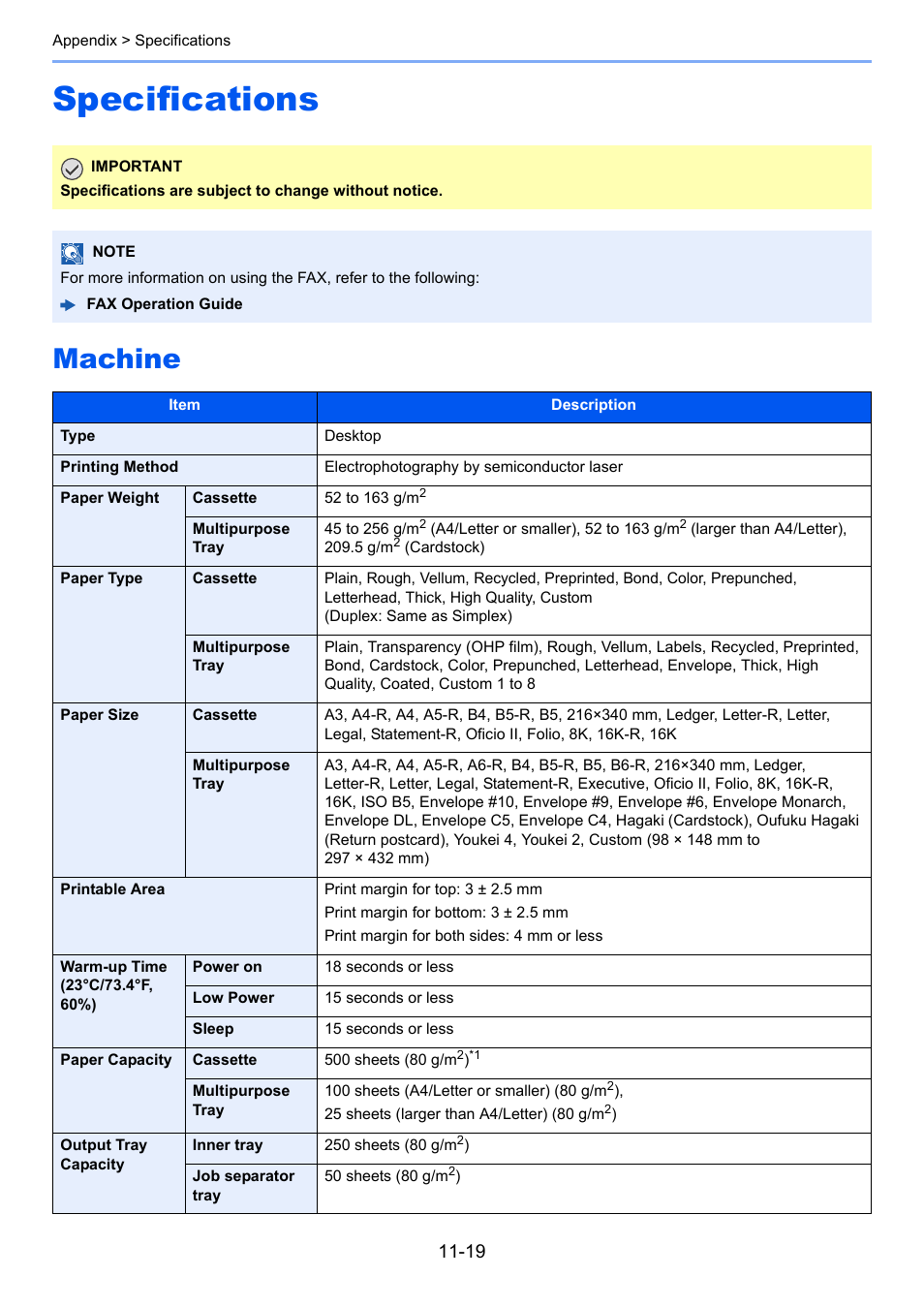 Specifications, Machine, Specifications -19 | Machine -19 | Kyocera Taskalfa 3511i User Manual | Page 585 / 610