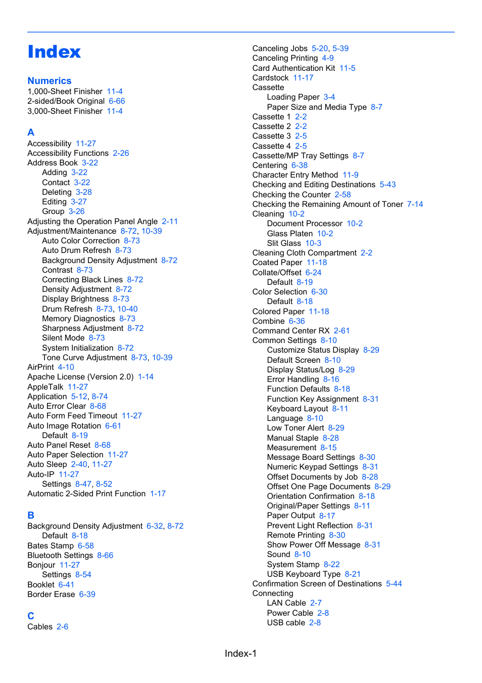 Index, Index-1, Numerics | Kyocera Taskalfa 3511i User Manual | Page 598 / 610