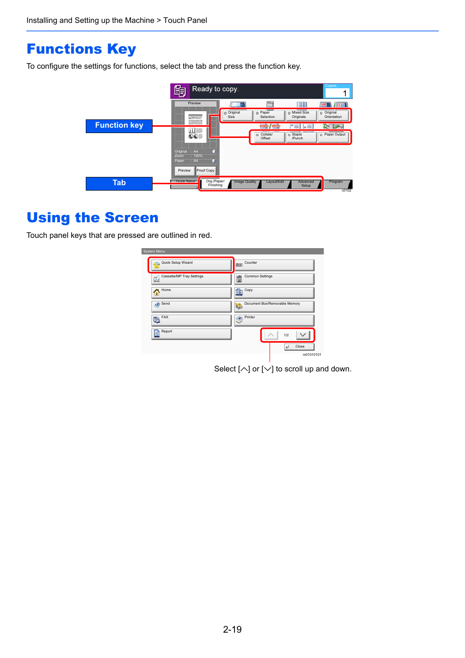 Functions key, Using the screen, Functions key -19 using the screen -19 | Kyocera Taskalfa 3511i User Manual | Page 84 / 610