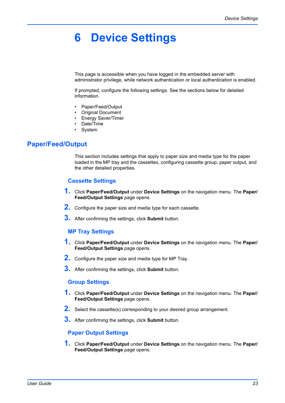 6 device settings, Paper/feed/output | Kyocera Command Center RX User Manual | Page 27 / 118
