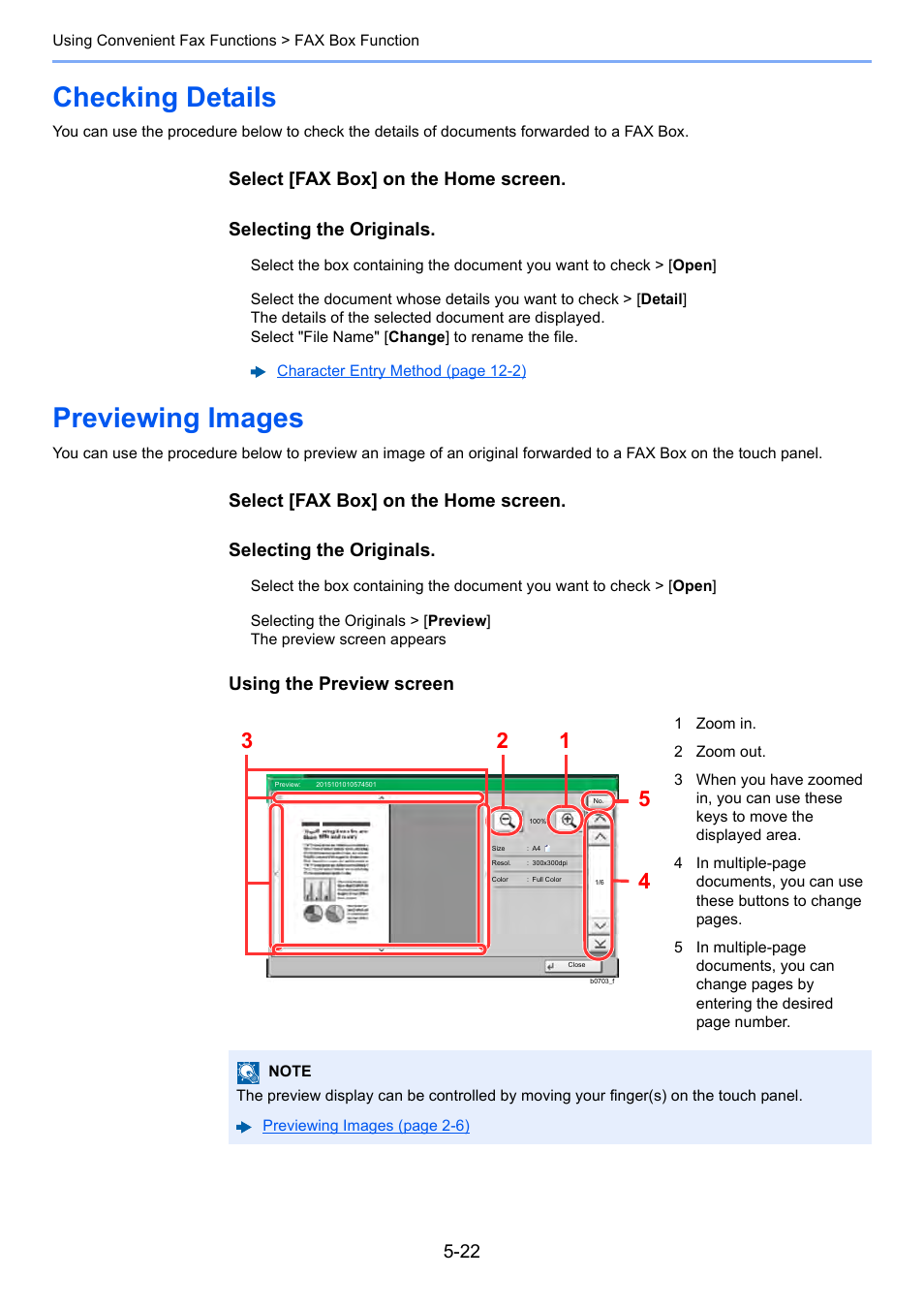 Checking details, Previewing images, Checking details -22 previewing images -22 | Select [fax box] on the home screen, Selecting the originals, Using the preview screen | Kyocera FAX System 12 User Manual | Page 110 / 258
