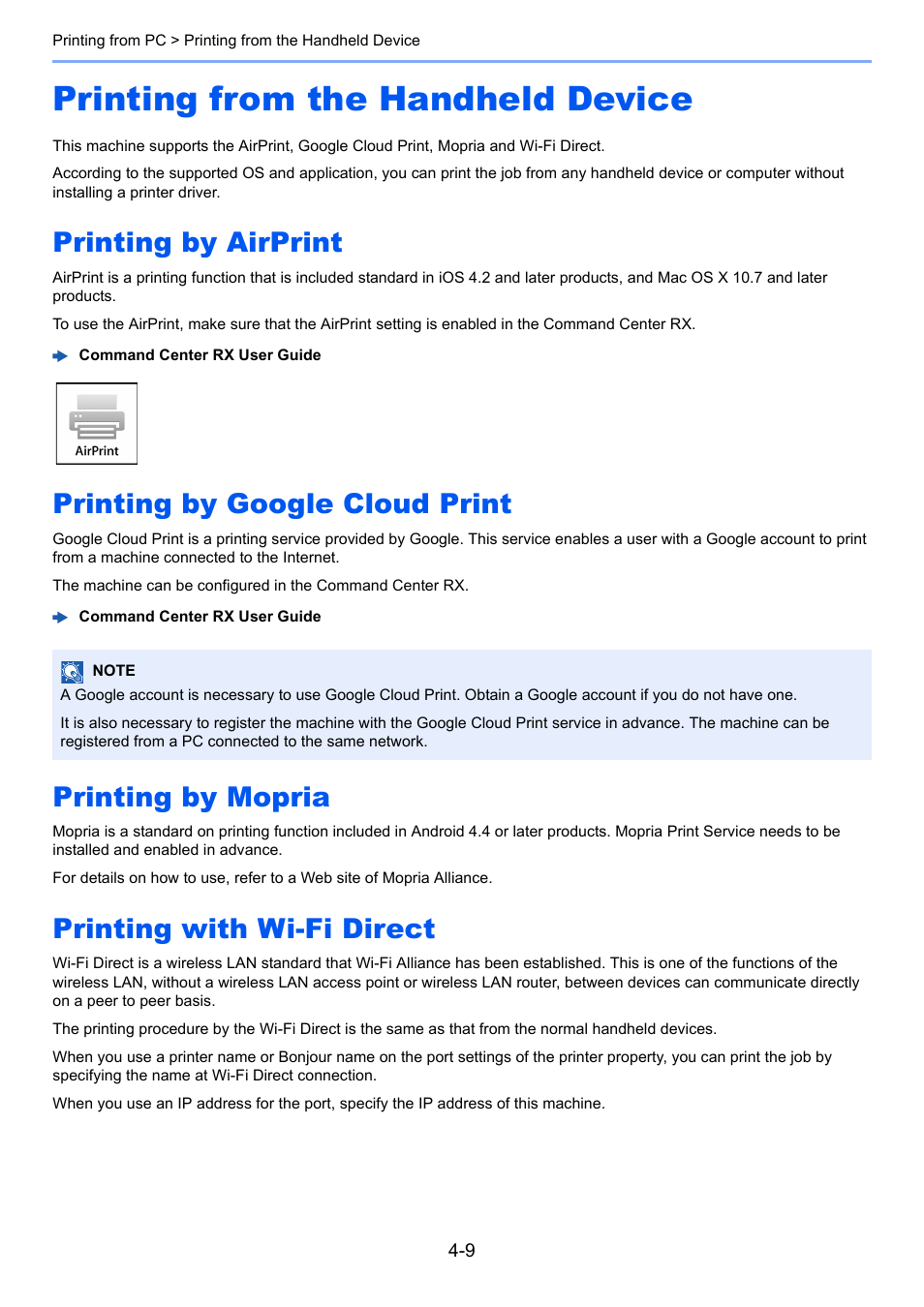 Printing from the handheld device, Printing by airprint, Printing by google cloud print | Printing by mopria, Printing with wi-fi direct, Printing from the handheld device -9 | Kyocera Ecosys m2040dn User Manual | Page 144 / 410
