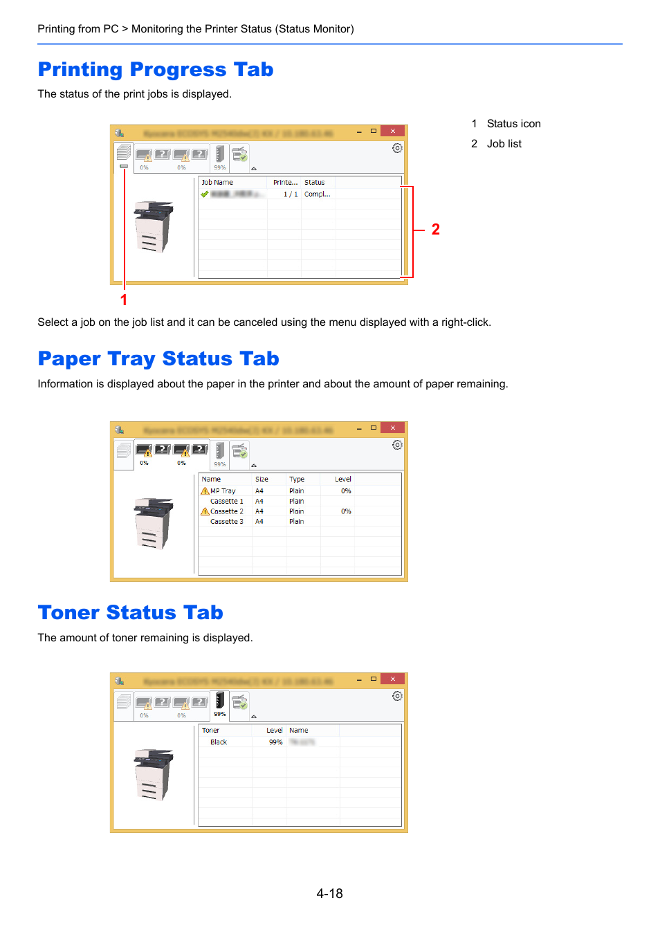 Printing progress tab, Paper tray status tab, Toner status tab | Kyocera Ecosys m2040dn User Manual | Page 153 / 410