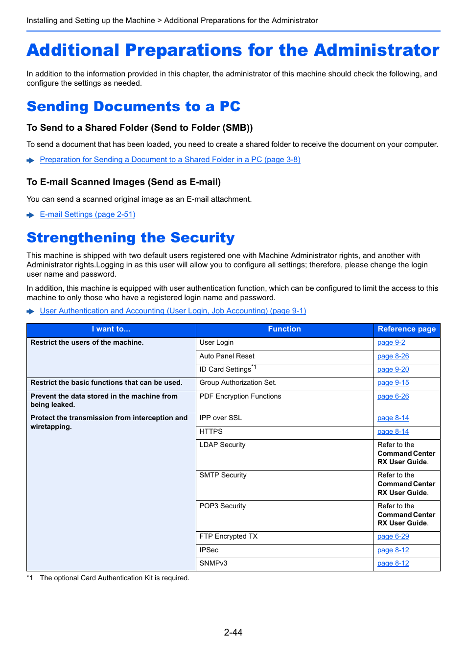 Additional preparations for the administrator, Sending documents to a pc, Strengthening the security | Additional preparations for the administrator -44, Additional preparations for, The administrator -44 | Kyocera Ecosys m2040dn User Manual | Page 92 / 410