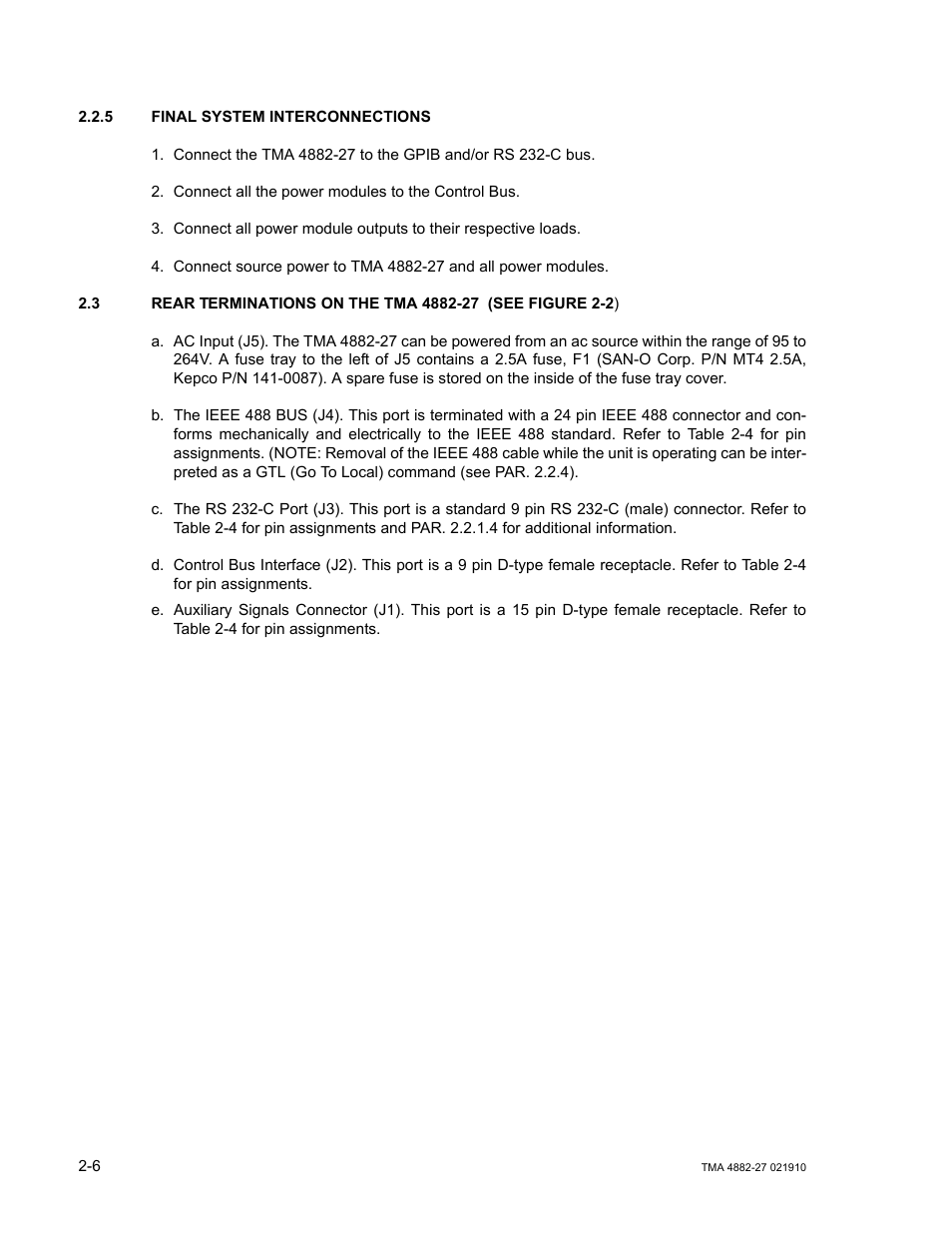 5 final system interconnections, 3 rear terminations on the tma 4882-27, Final system interconnections -6 | Rear terminations on the tma 4882-27 -6 | KEPCO TMA 4882-27 User Manual | Page 24 / 72