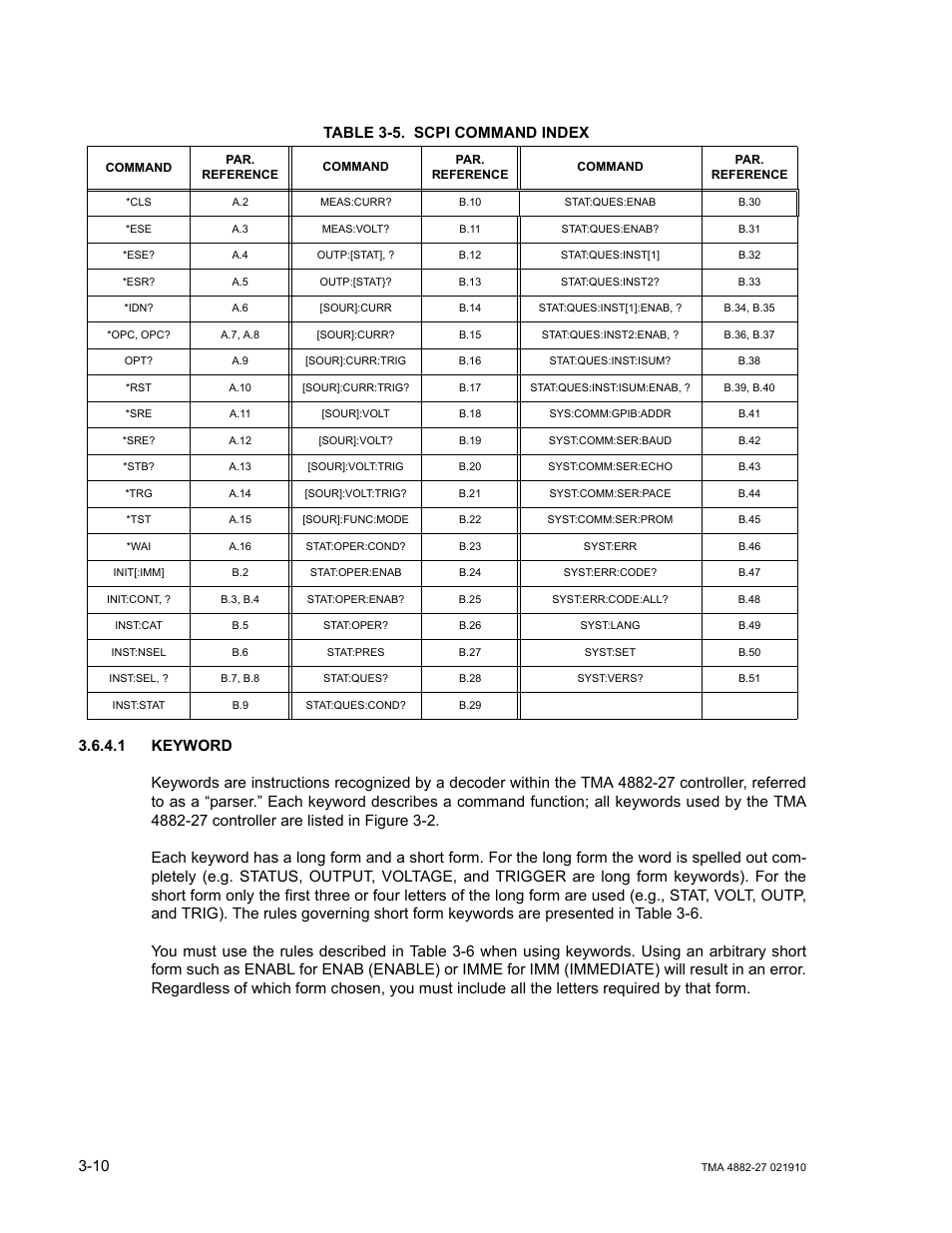 Table 3-5. scpi command index, 1 keyword, Keyword -10 | Scpi command index -10, Ble 3-5) | KEPCO TMA 4882-27 User Manual | Page 36 / 72