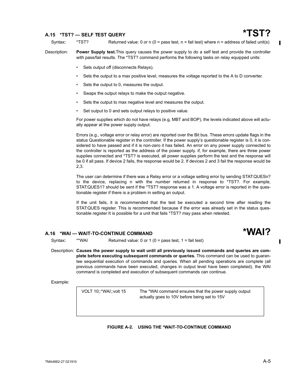 A.15 *tst? — self test query, A.16 *wai — wait-to-continue command, Figure a-2. using the *wait-to-continue command | A.15, A.16 | KEPCO TMA 4882-27 User Manual | Page 51 / 72