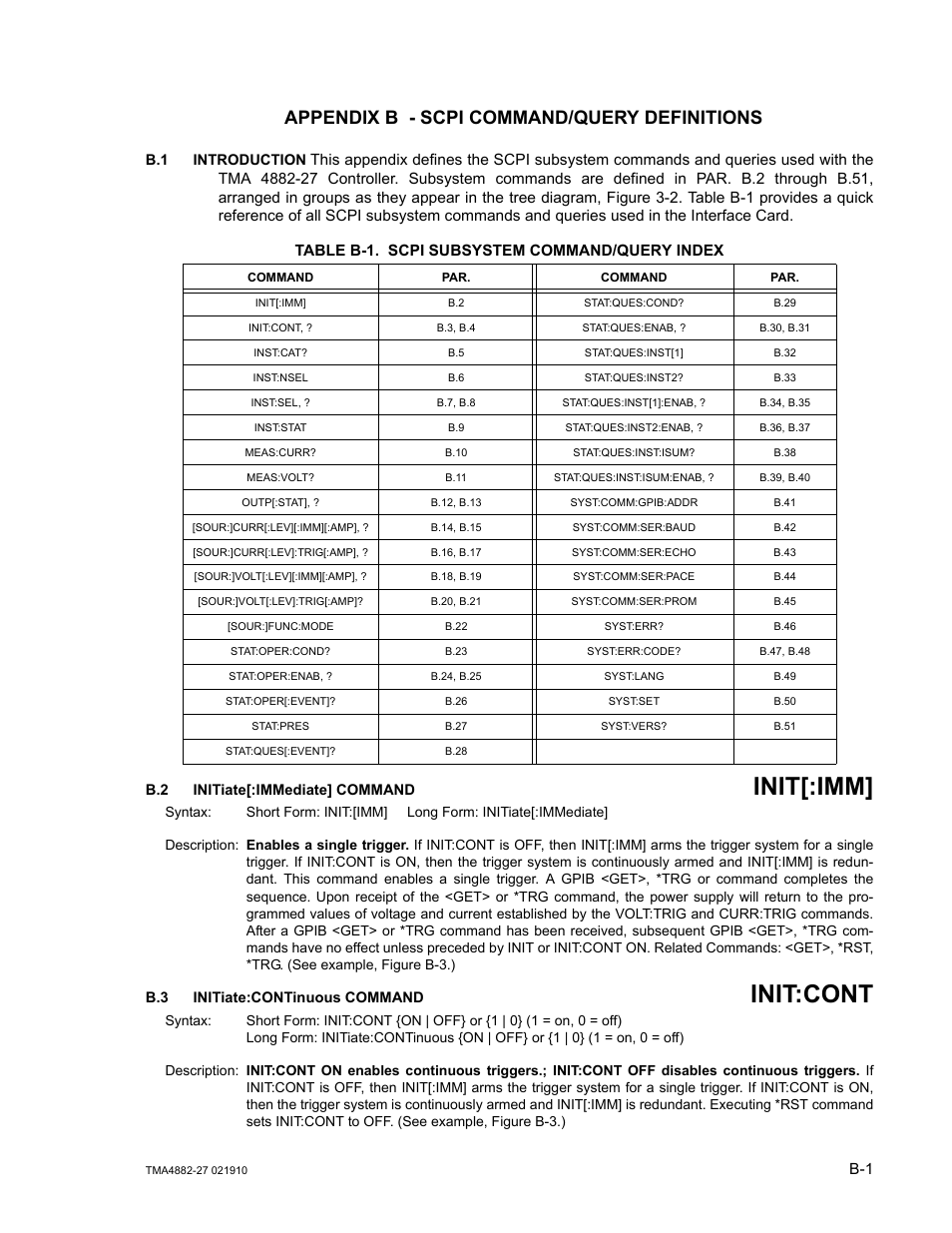 Appendix b - scpi command/query definitions, B.1 introduction, Table b-1. scpi subsystem command/query index | B.2 initiate[:immediate] command, B.3 initiate:continuous command, Init, Iate, Init[:imm, Init:cont | KEPCO TMA 4882-27 User Manual | Page 53 / 72