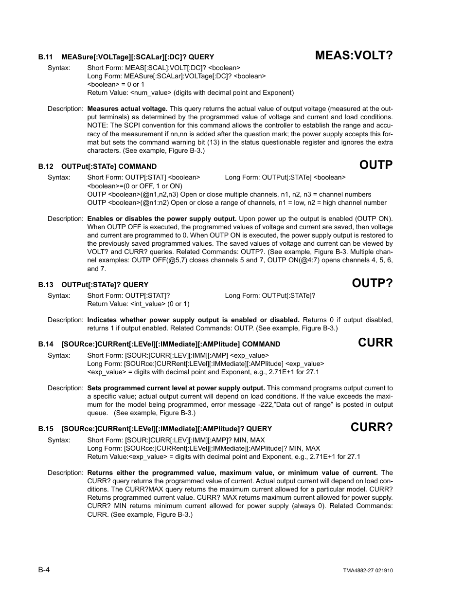 B.11 measure[:voltage][:scalar][:dc]? query, B.12 output[:state] command, B.13 output[:state]? query | B.11, Meas, B.12, Outp, B.13, B.14, Sour | KEPCO TMA 4882-27 User Manual | Page 56 / 72