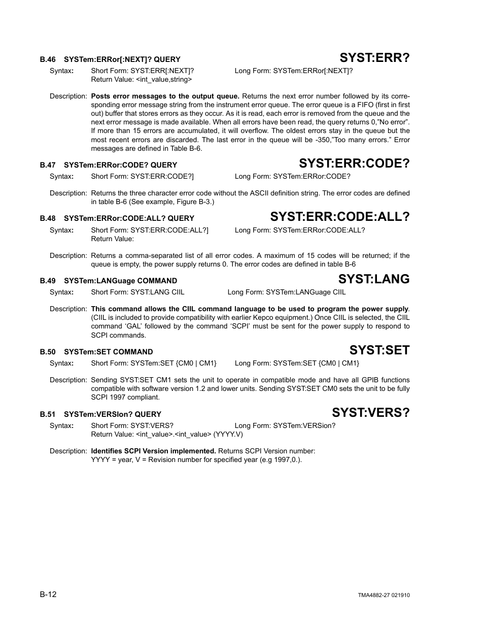 B.46 system:error[:next]? query, B.47 system:error:code? query, B.48 system:error:code:all? query | B.49 system:language command, B.50 system:set command, B.51 system:version? query, B.46, Syst, B.47, B.48 | KEPCO TMA 4882-27 User Manual | Page 64 / 72