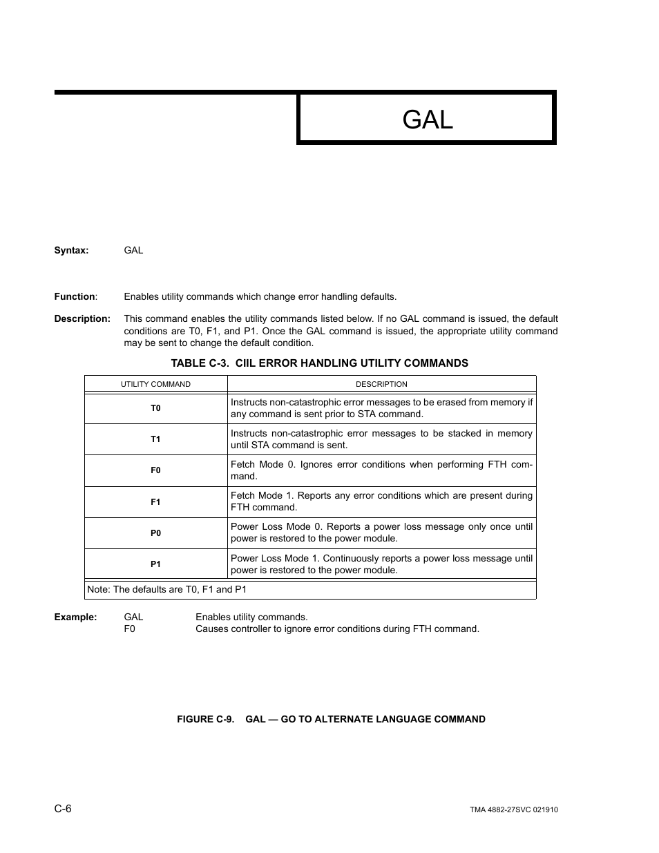 Table c-3. ciil error handling utility commands, Figure c-9. gal — go to alternate language command | KEPCO TMA 4882-27 User Manual | Page 72 / 72