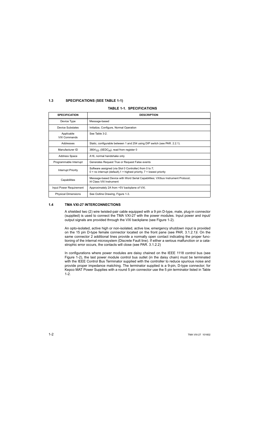 3 specifications, Table 1-1. specifications, 4 tma vxi27 interconnections | Specifications -2, Tma vxi-27 interconnections -2 | KEPCO TMA VXI-27 User Manual | Page 11 / 79