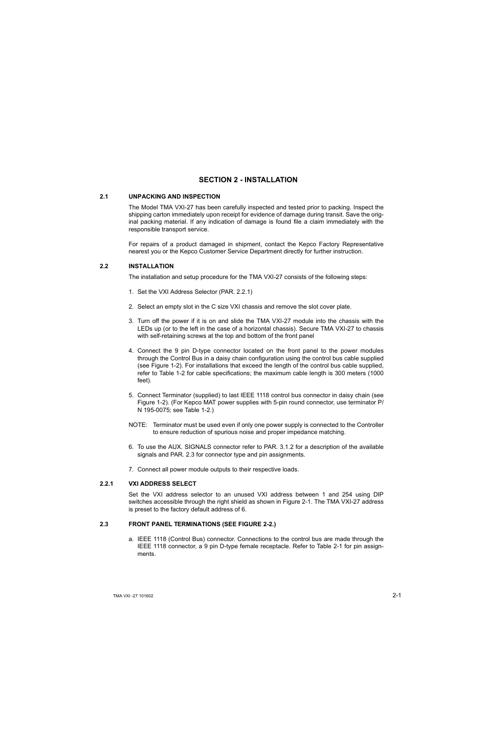 Section 2 - installation, 1 unpacking and inspection, 2 installation | 1 vxi address select, 3 front panel terminations, Unpacking and inspection -1, Installation -1, Vxi address select -1, Front panel terminations -1 | KEPCO TMA VXI-27 User Manual | Page 14 / 79