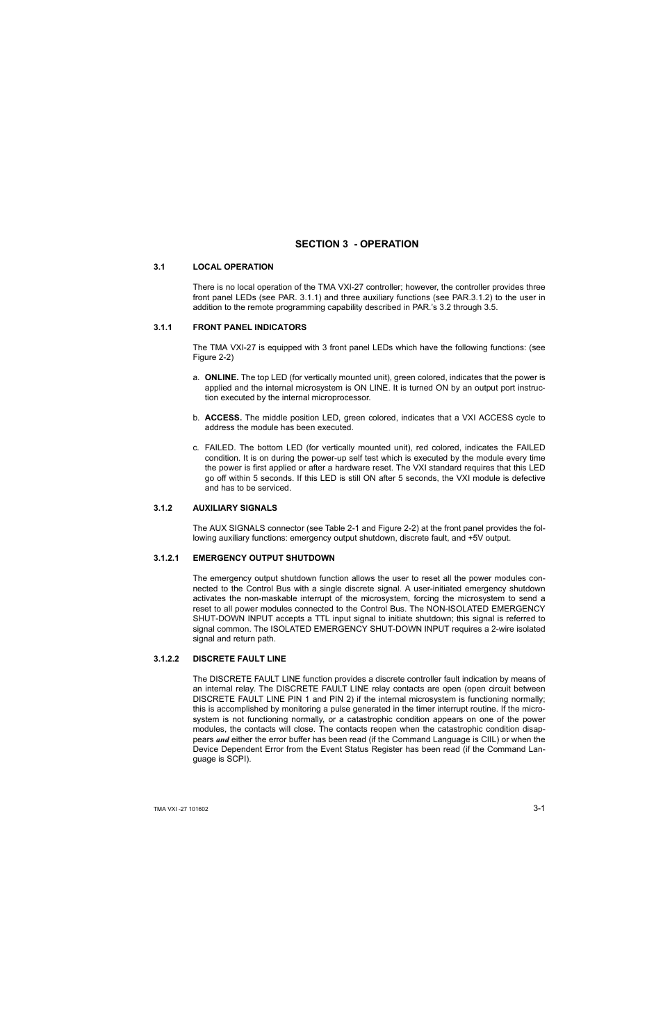 Section 3 - operation, 1 local operation, 1 front panel indicators | 2 auxiliary signals, 1 emergency output shutdown, 2 discrete fault line, Local operation -1, Front panel indicators -1, Auxiliary signals -1, Emergency output shutdown -1 | KEPCO TMA VXI-27 User Manual | Page 18 / 79