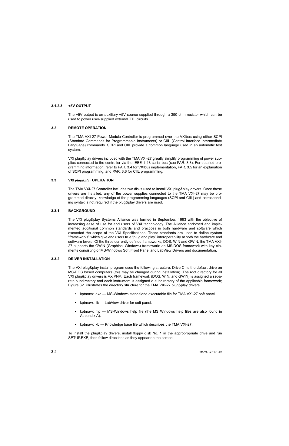 3 +5v output, 2 remote operation, 3 vxi plug&play operation | 1 background, 2 driver installation, 5v output -2, Remote operation -2, Background -2, Driver installation -2 | KEPCO TMA VXI-27 User Manual | Page 19 / 79