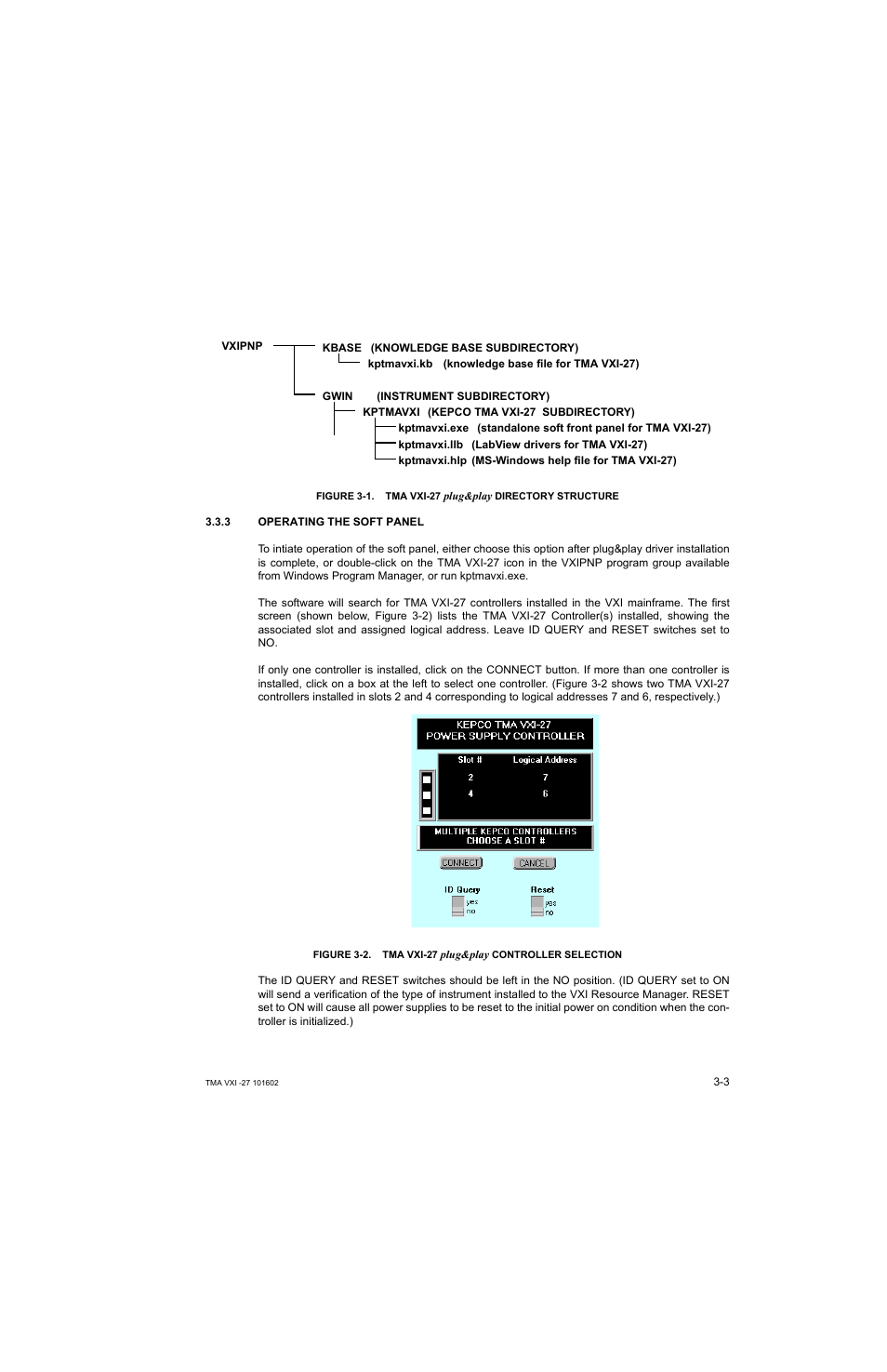 3 operating the soft panel, Operating the soft panel -3, Tma vxi-27 plug&play directory structure -3 | Tma vxi-27 | KEPCO TMA VXI-27 User Manual | Page 20 / 79