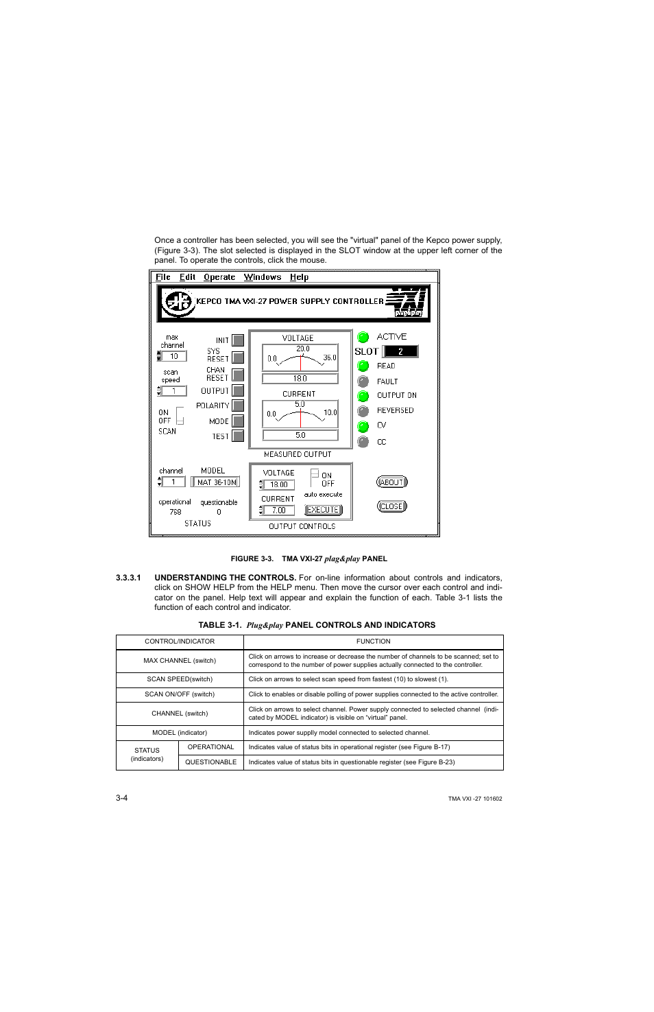 Figure 3-3. tma vxi-27 plag&play panel, 1 understanding the controls, Understanding the controls -4 | Tma vxi-27 plag&pla, Plug&play panel controls and indicators -4 | KEPCO TMA VXI-27 User Manual | Page 21 / 79