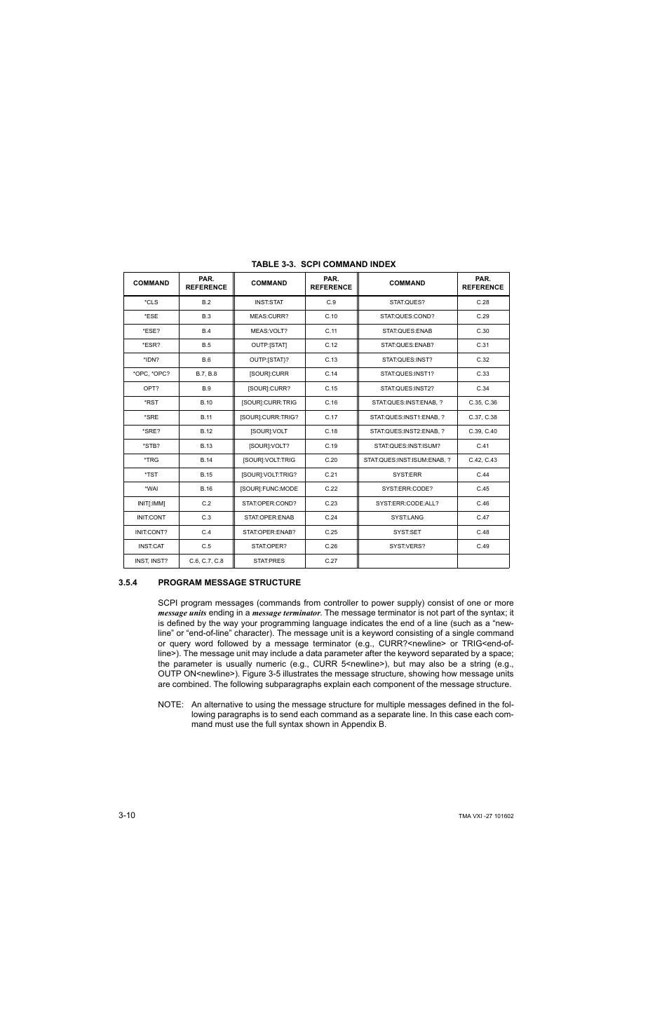 Table 3-3. scpi command index, 4 program message structure, Program message structure -10 | Scpi command index -10, E 3-3) | KEPCO TMA VXI-27 User Manual | Page 27 / 79