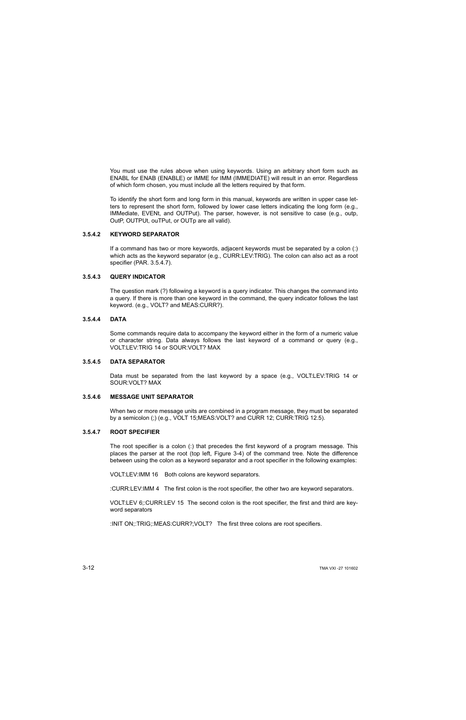 2 keyword separator, 3 query indicator, 4 data | 5 data separator, 6 message unit separator, 7 root specifier, Keyword separator -12, Query indicator -12, Data -12, Data separator -12 | KEPCO TMA VXI-27 User Manual | Page 29 / 79