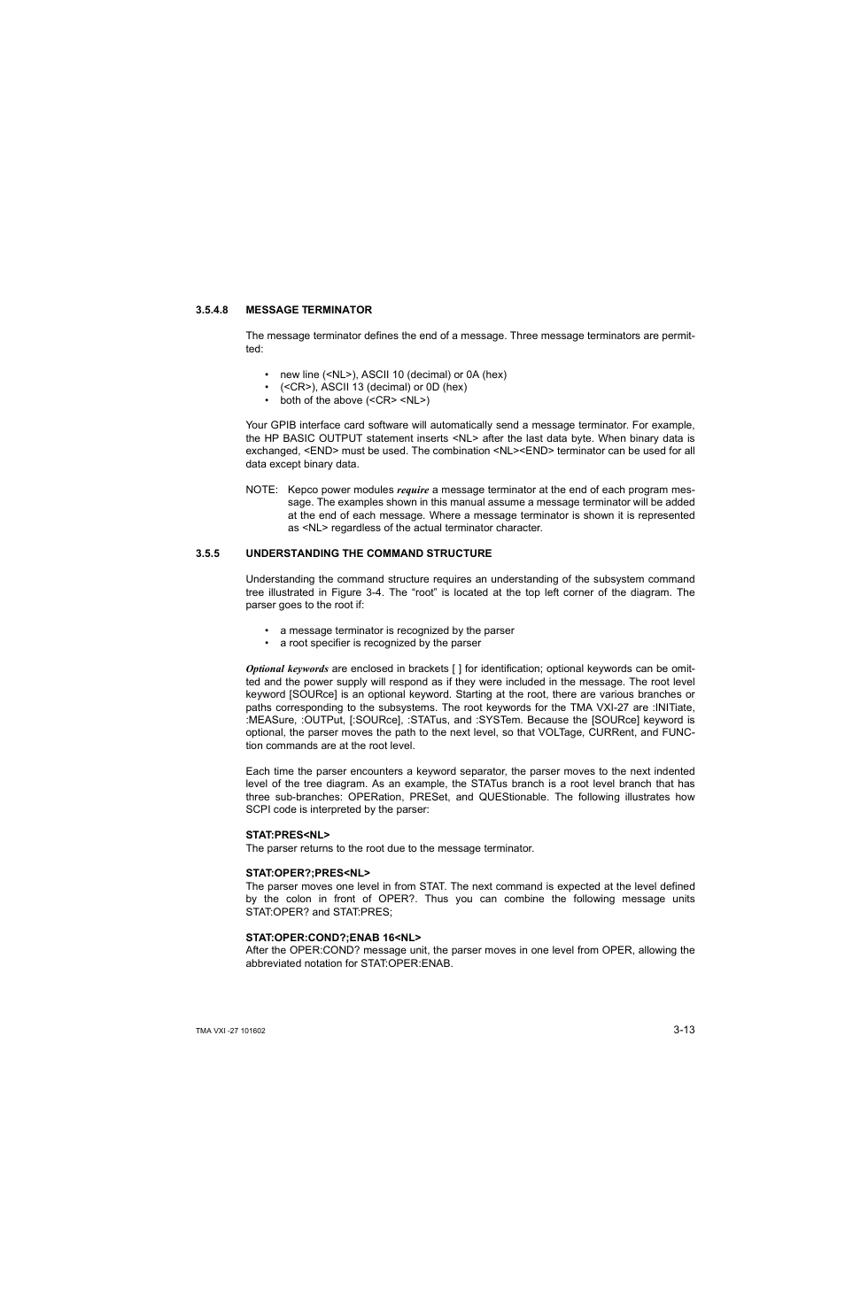 8 message terminator, 5 understanding the command structure, Message terminator -13 | Understanding the command structure -13 | KEPCO TMA VXI-27 User Manual | Page 30 / 79