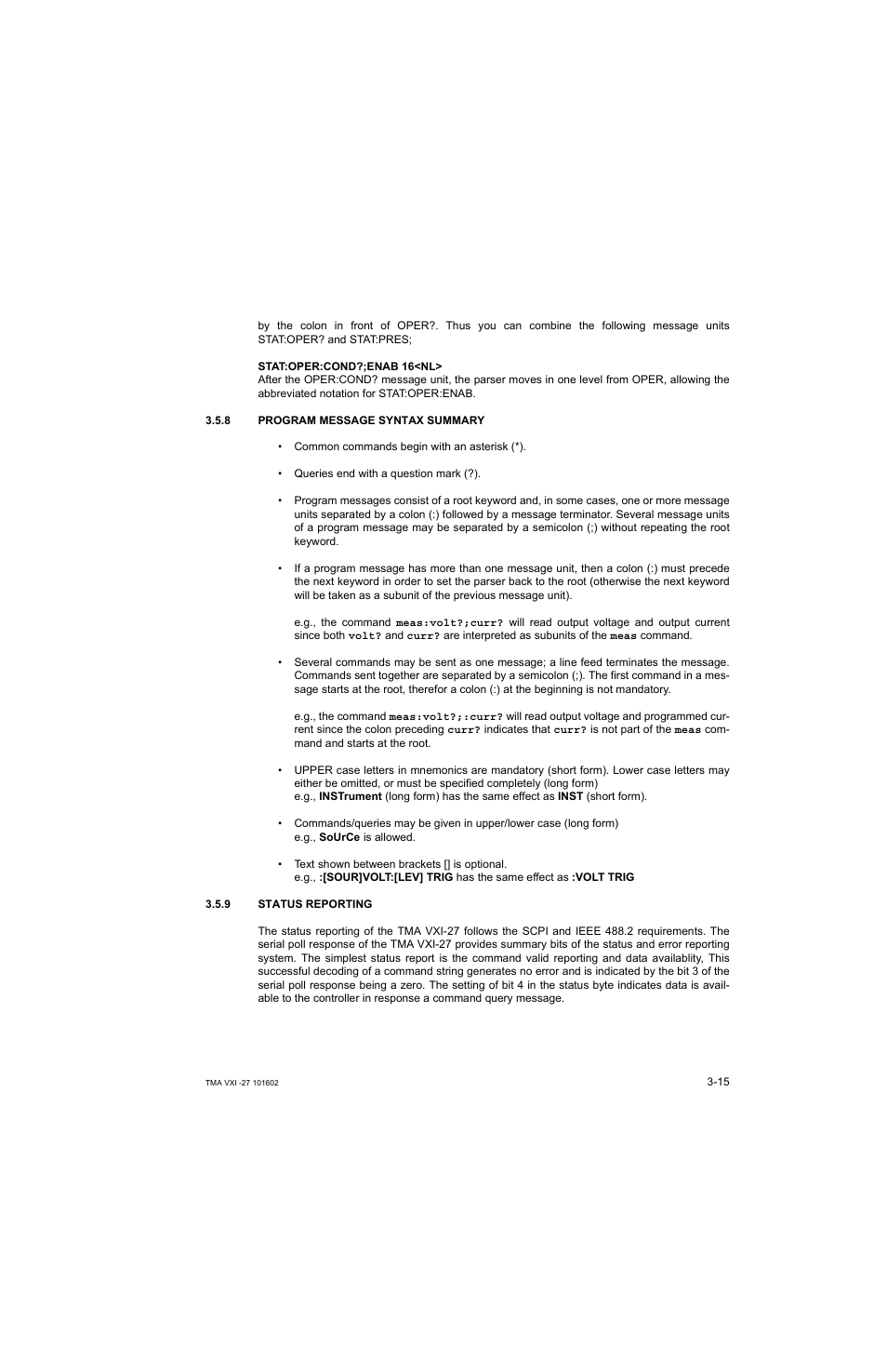 8 program message syntax summary, 9 status reporting, Program message syntax summary -15 | Status reporting -15 | KEPCO TMA VXI-27 User Manual | Page 32 / 79