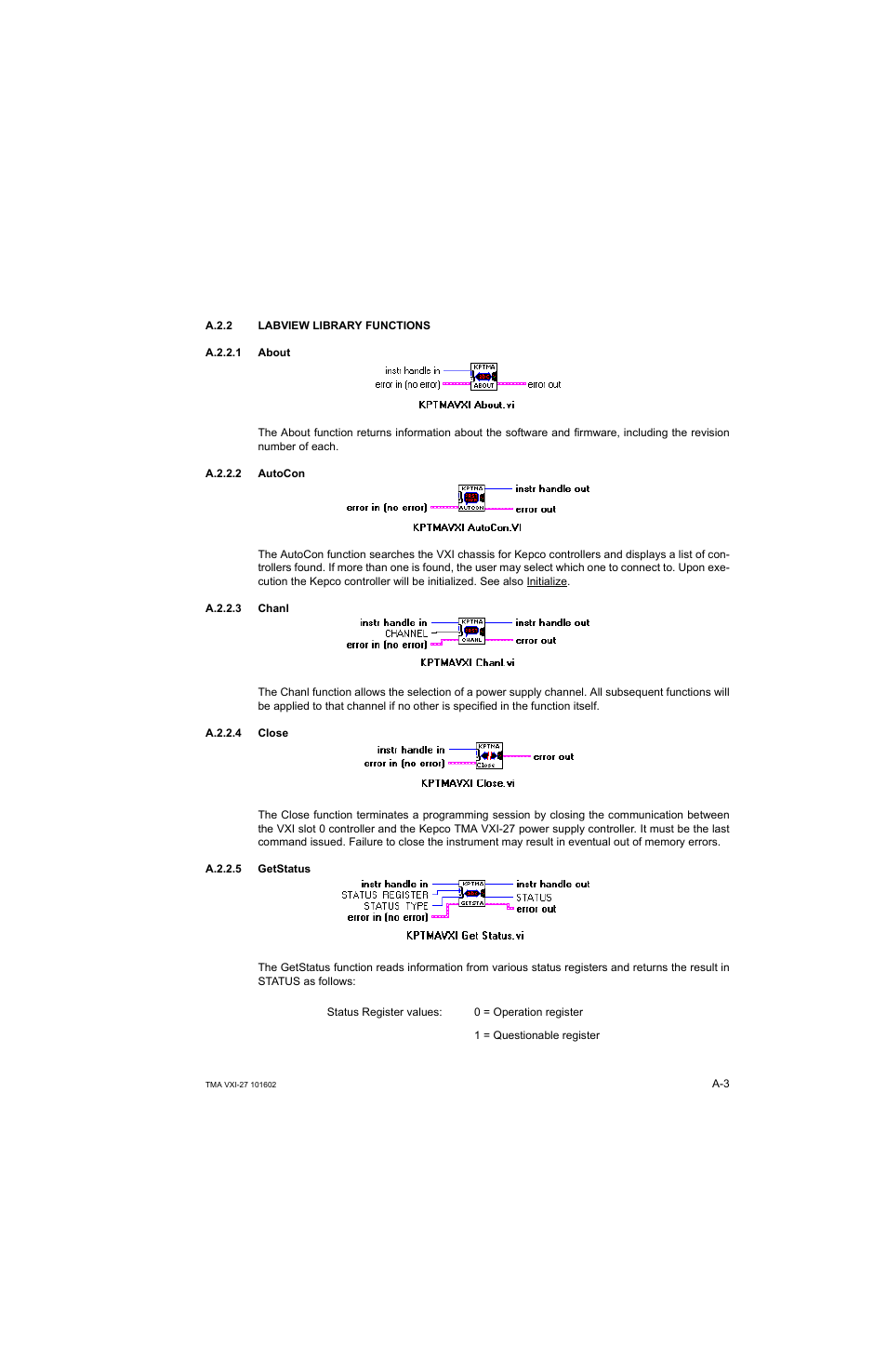 A.2.2 labview library functions, A.2.2.1 about, A.2.2.2 autocon | A.2.2.3 chanl, A.2.2.4 close, A.2.2.5 getstatus, A.2.2, A.2.2.1, A.2.2.2, A.2.2.3 | KEPCO TMA VXI-27 User Manual | Page 40 / 79