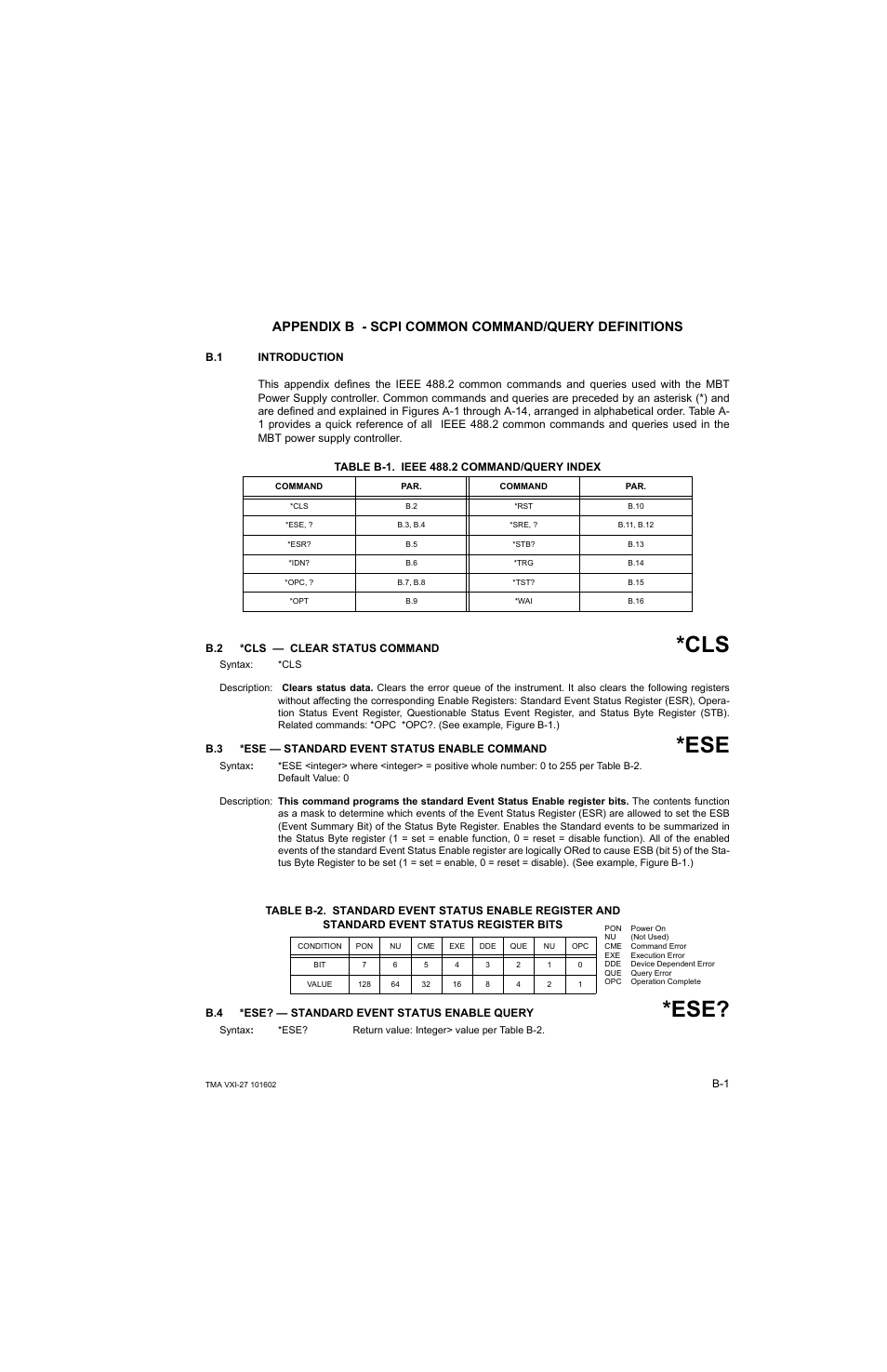 Appendix b - scpi common command/query definitions, B.1 introduction, Table b-1. ieee 488.2 command/query index | B.2 *cls — clear status command, B.3 *ese — standard event status enable command, B.4 *ese? — standard event status enable query | KEPCO TMA VXI-27 User Manual | Page 44 / 79