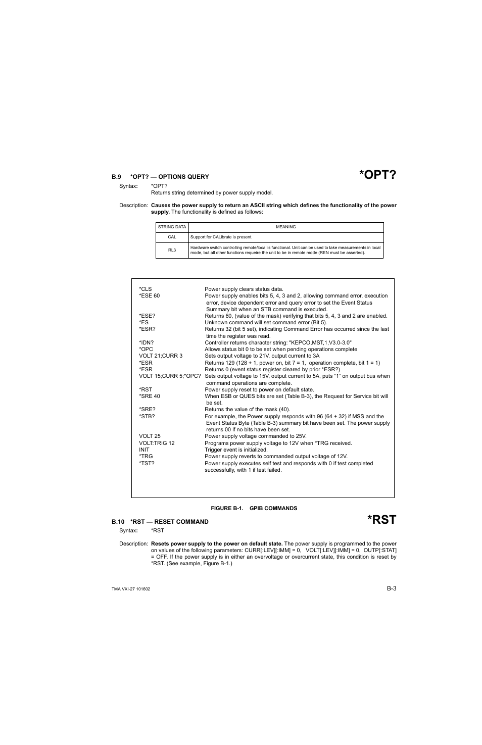 B.9 *opt? — options query, Figure b-1. gpib commands, B.10 *rst — reset command | B.10, B-1.), Re b-1, Re b-1.) | KEPCO TMA VXI-27 User Manual | Page 46 / 79