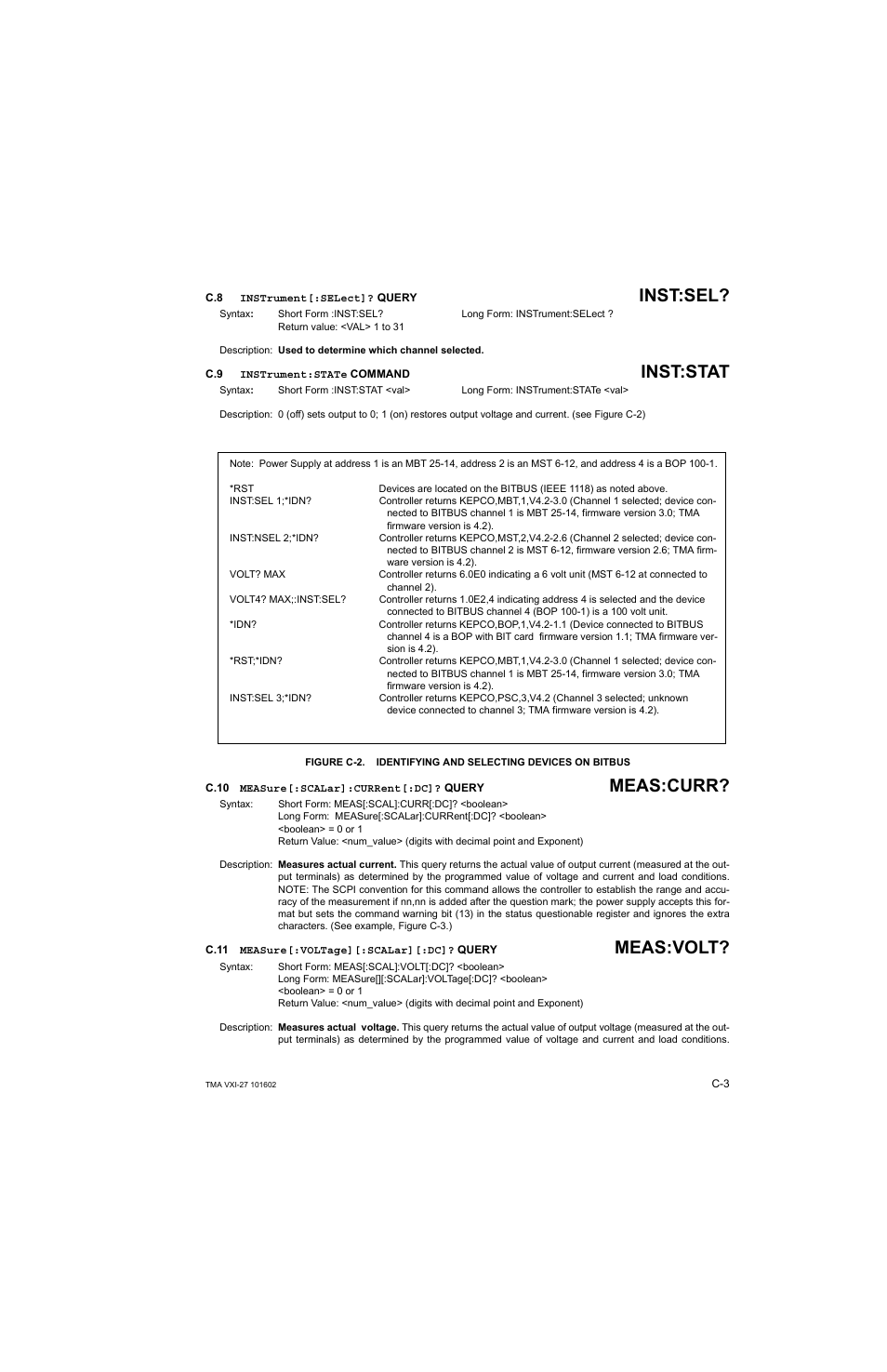 C.8 instrument[:select]? query, C.9 instrument:state command, C.10 measure[:scalar]:current[:dc]? query | C.11 measure[:voltage][:scalar][:dc]? query, C.10, C.11, C-2), Inst:sel, Inst:stat, Meas:curr | KEPCO TMA VXI-27 User Manual | Page 52 / 79