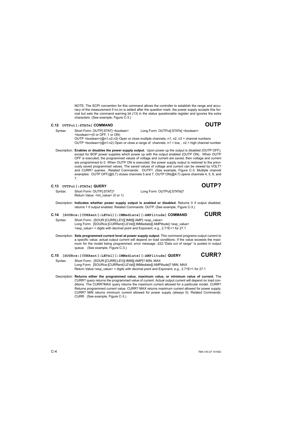 C.12 output[:state] command, C.13 output[:state] query, C.12 | C.13, C.14, C.15, C.12, c.13, C.14, c.15, Outp, Curr | KEPCO TMA VXI-27 User Manual | Page 53 / 79