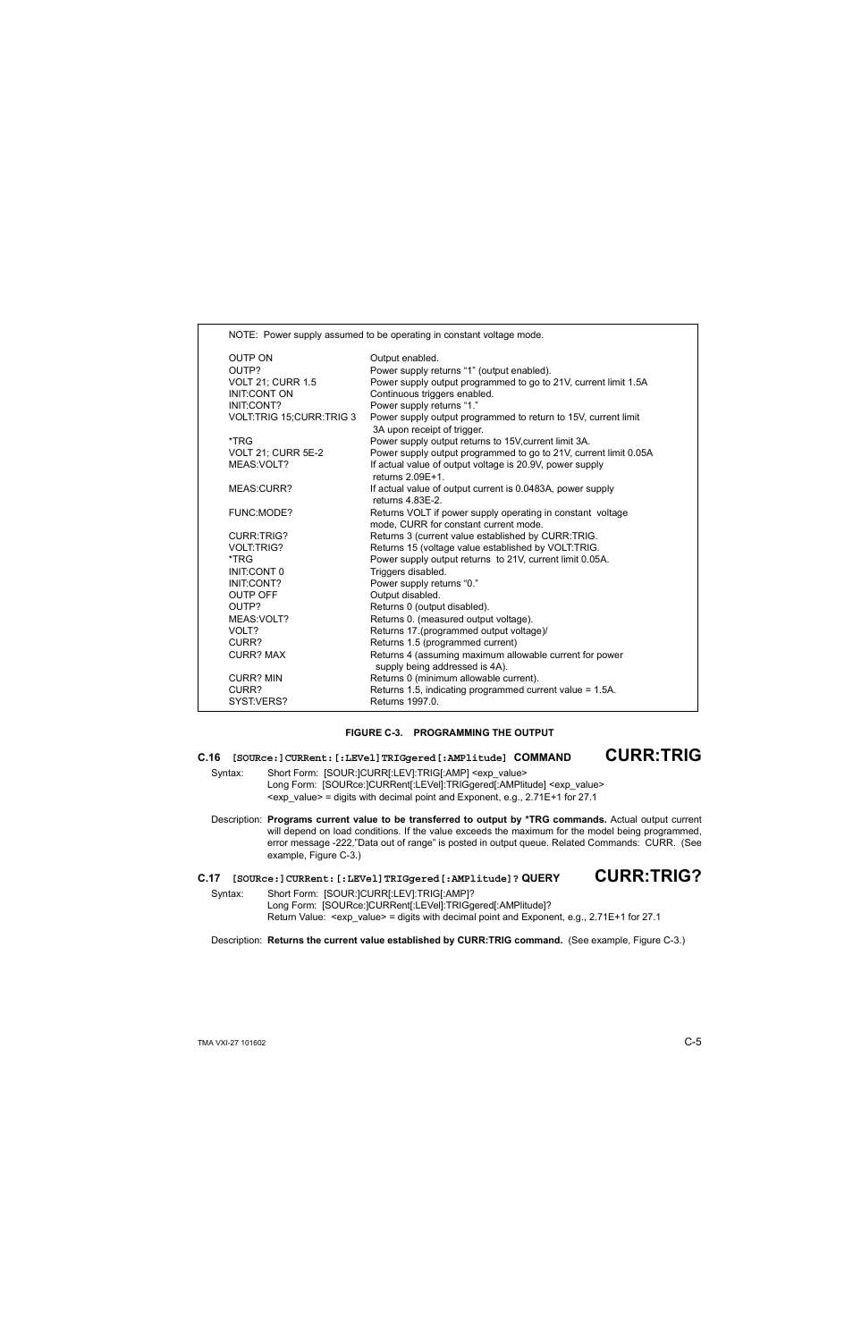 Figure c-3. programming the output, C.16, C.17 | Re c-3 s, Re c-3, C.16, c.17, C-3.), Curr:trig | KEPCO TMA VXI-27 User Manual | Page 54 / 79