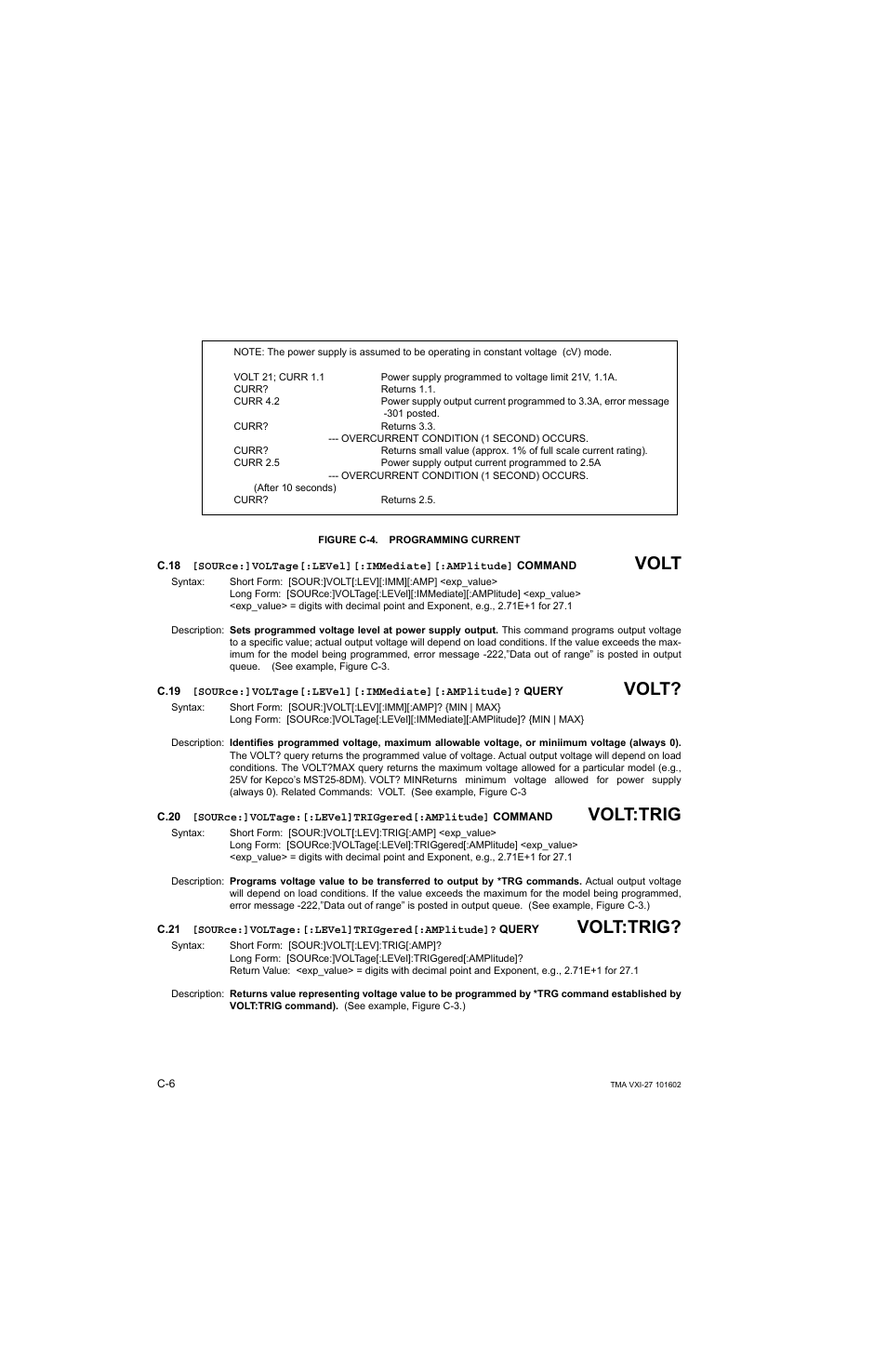 Figure c-4. programming current, C.18, C.19 | C.20, C.21, C.18, c.19, C.20, c.21, Volt, Volt:trig | KEPCO TMA VXI-27 User Manual | Page 55 / 79