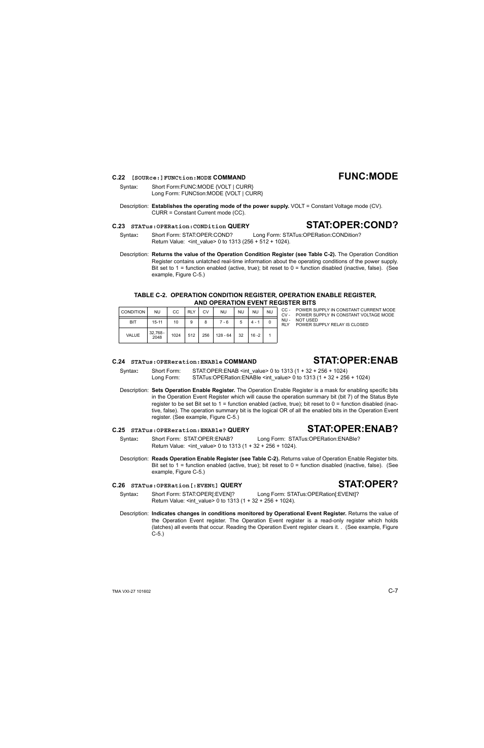 C.22 [source:]function:mode command, C.23 status:operation:condition query, C.24 status:opereration:enable command | C.25 status:opereration:enable? query, C.26 status:operation[:event] query, C.22, C.23, C.24, C.25, C.26 | KEPCO TMA VXI-27 User Manual | Page 56 / 79