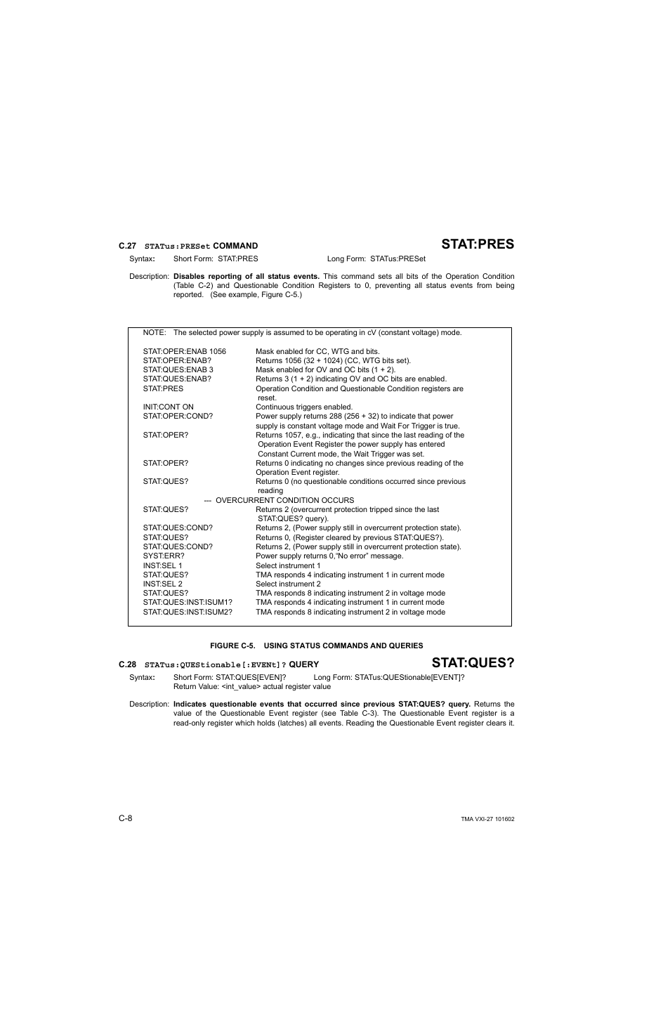 C.27 status:preset command, Figure c-5. using status commands and queries, C.28 status:questionable[:event]? query | C.27, C.28, Stat:pres, Stat:ques | KEPCO TMA VXI-27 User Manual | Page 57 / 79