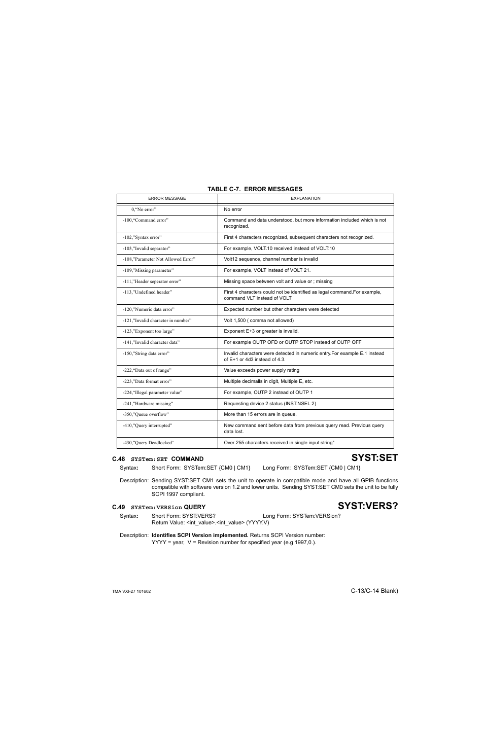 Table c-7. error messages, C.48 system:set command, C.49 system:version query | C.48, C.49, H c.49, ar, E c-7, Syst:set, Syst:vers | KEPCO TMA VXI-27 User Manual | Page 62 / 79