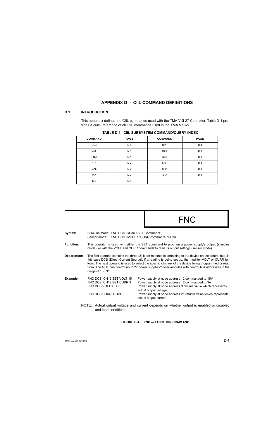 Appendix d - ciil command definitions, Table d-1. ciil subsystem command/query index, Figure d-1. fnc — function command | Introduction | KEPCO TMA VXI-27 User Manual | Page 64 / 79