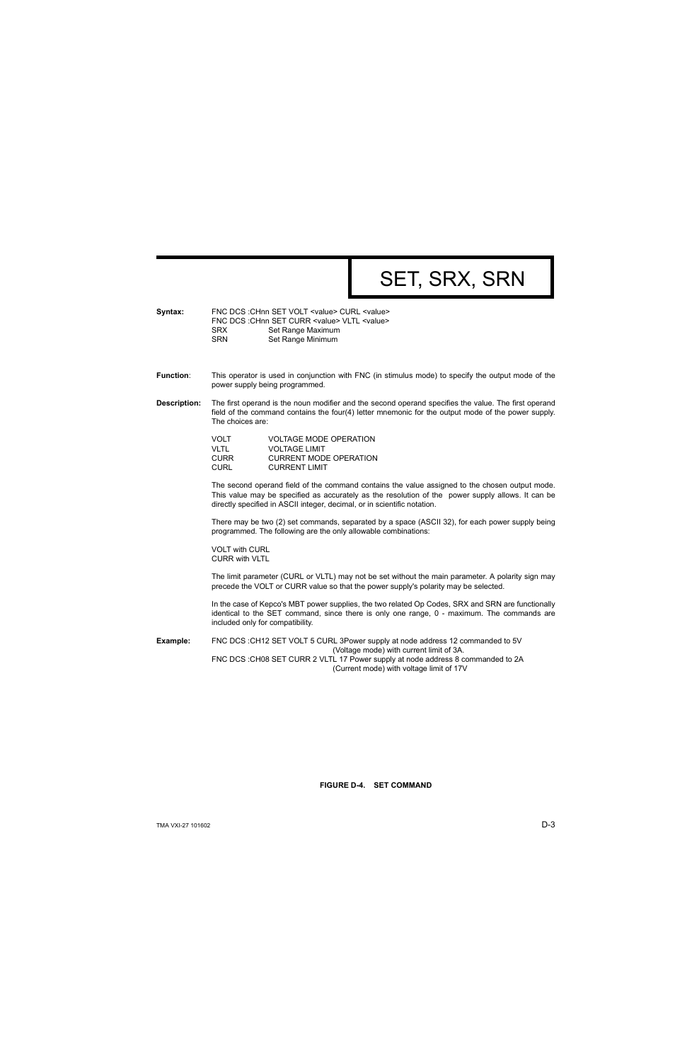 Figure d-4. set command, Set, srx, srn | KEPCO TMA VXI-27 User Manual | Page 66 / 79