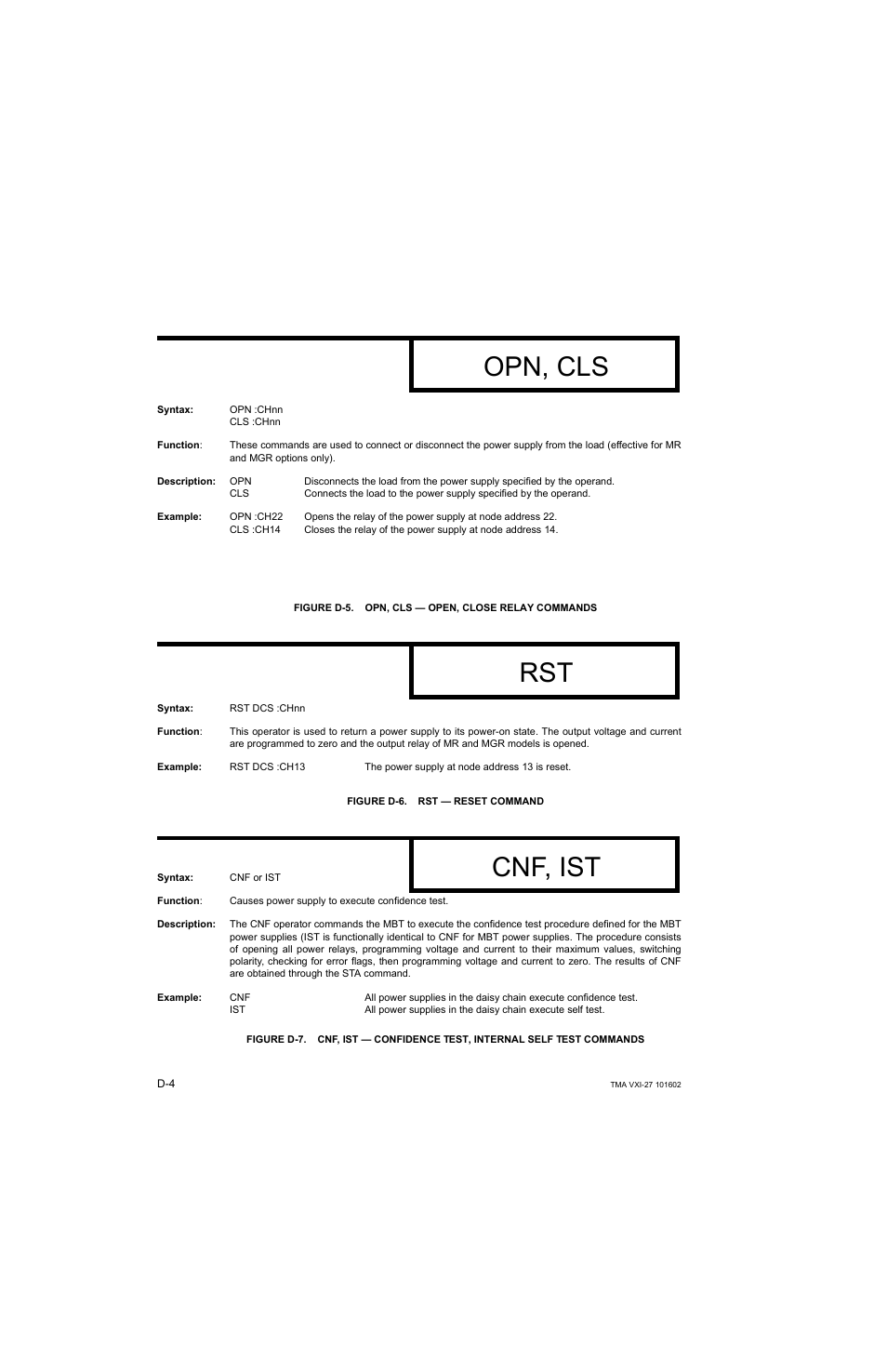 Figure d-5. opn, cls — open, close relay commands, Figure d-6. rst — reset command, Opn, cls | Cnf, ist | KEPCO TMA VXI-27 User Manual | Page 67 / 79