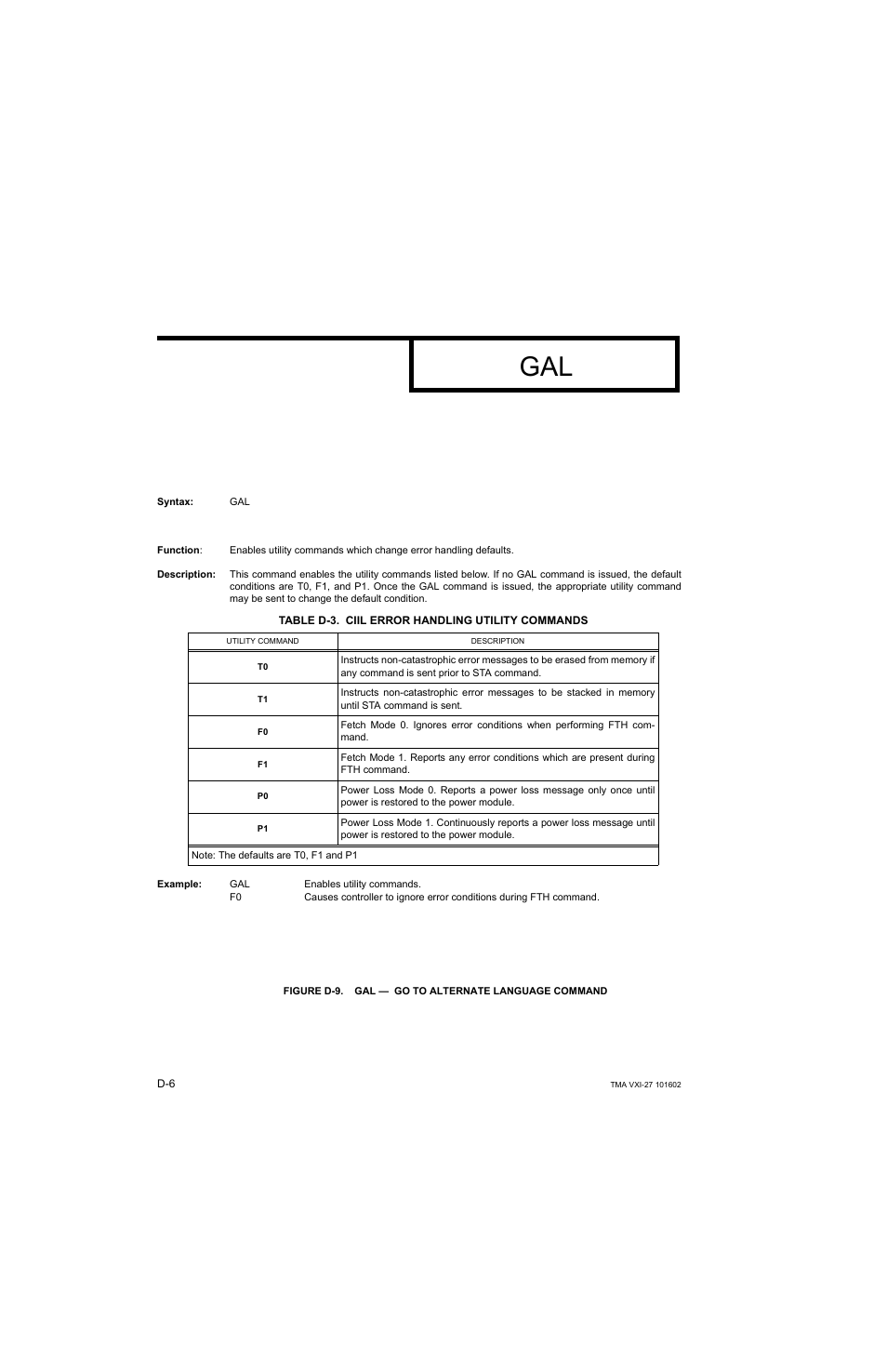 Table d-3. ciil error handling utility commands, Figure d-9. gal — go to alternate language command | KEPCO TMA VXI-27 User Manual | Page 69 / 79