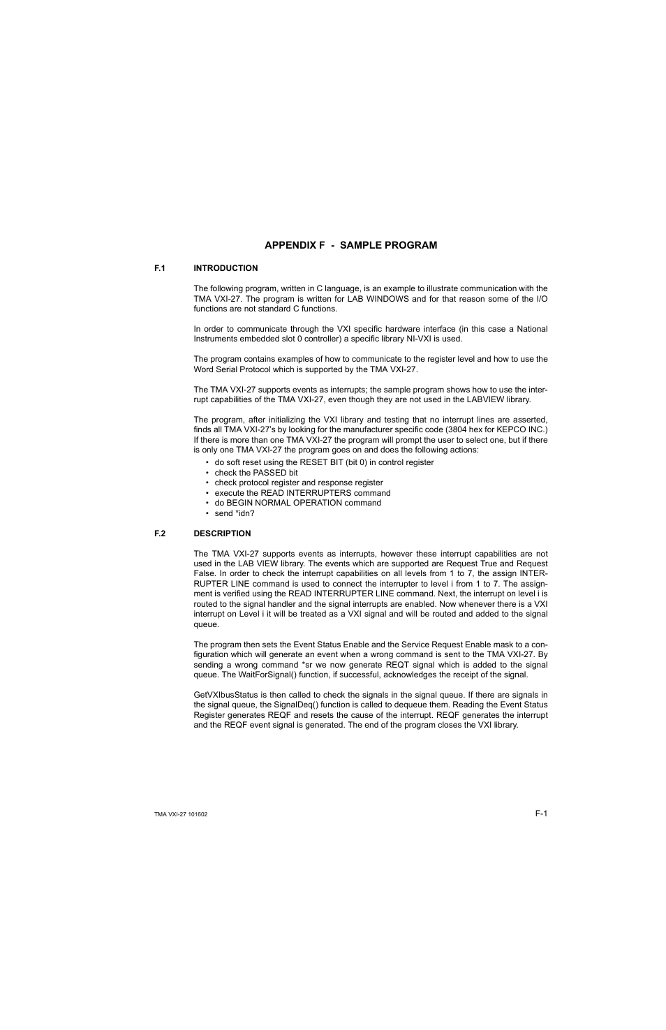 Appendix f - sample program, Introduction, Description | KEPCO TMA VXI-27 User Manual | Page 72 / 79