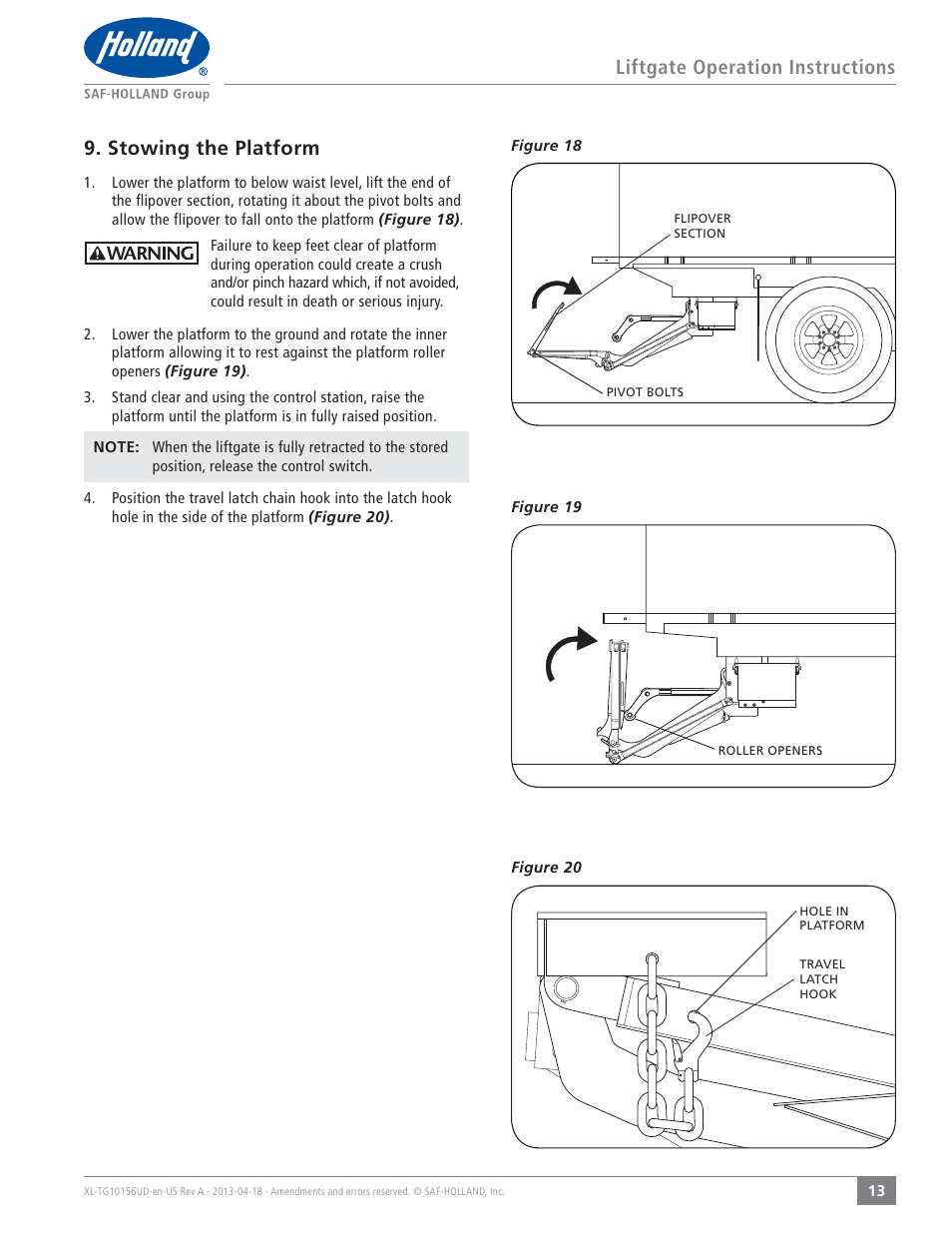 Liftgate operation instructions, Stowing the platform | SAF-HOLLAND XL-TG10156UD TLV Series Liftgate User Manual | Page 13 / 28