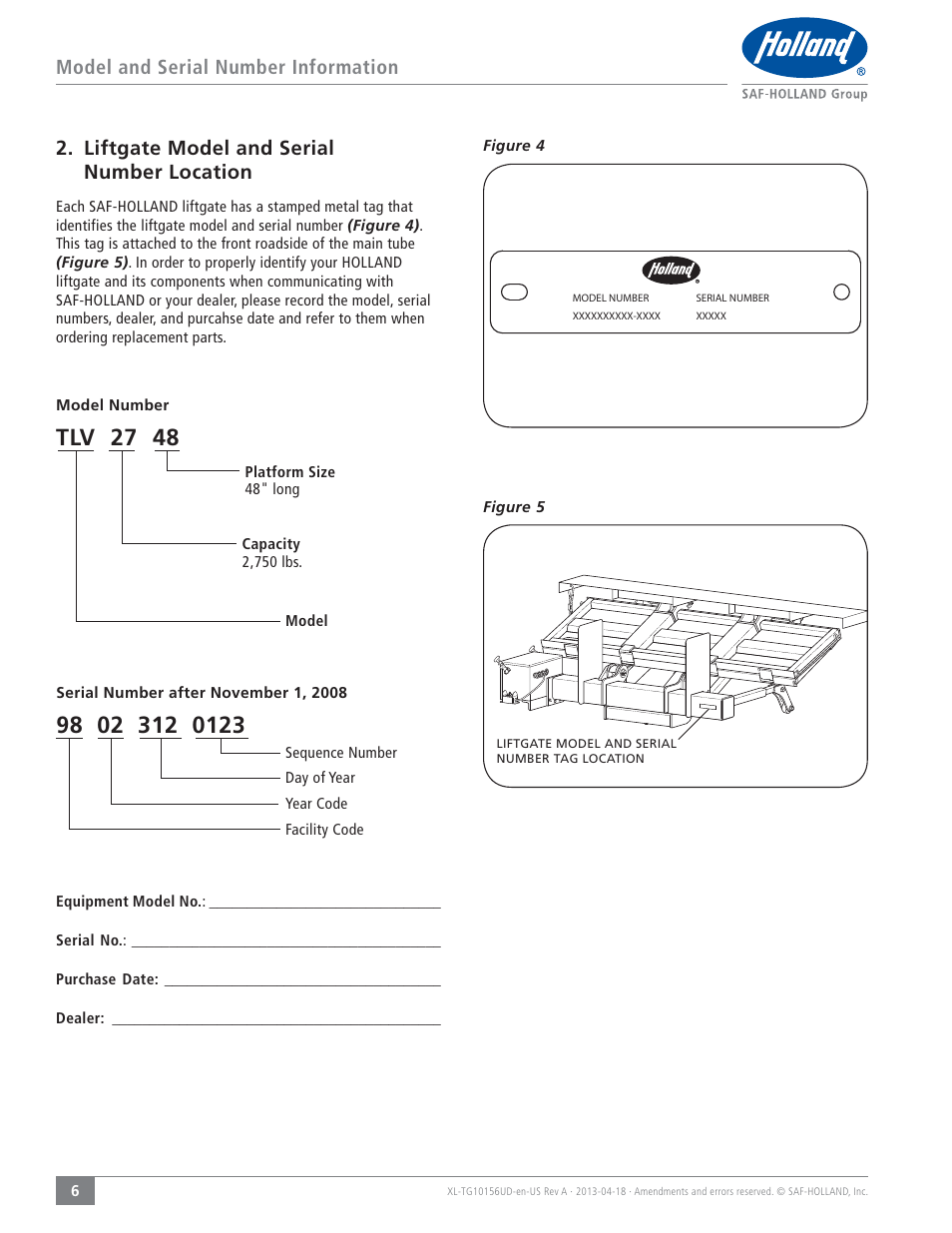 Tlv 27 48, Model and serial number information, Liftgate model and serial number location | SAF-HOLLAND XL-TG10156UD TLV Series Liftgate User Manual | Page 6 / 28