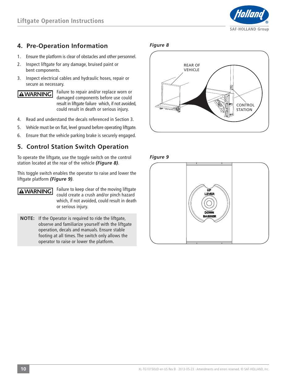 Liftgate operation instructions, Pre-operation information, Control station switch operation | SAF-HOLLAND XL-TG10150UD TL and TG Series Liftgates User Manual | Page 10 / 28