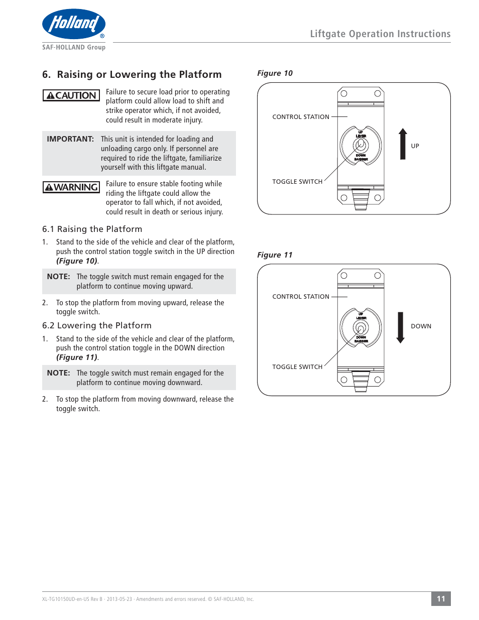 Liftgate operation instructions, Raising or lowering the platform | SAF-HOLLAND XL-TG10150UD TL and TG Series Liftgates User Manual | Page 11 / 28