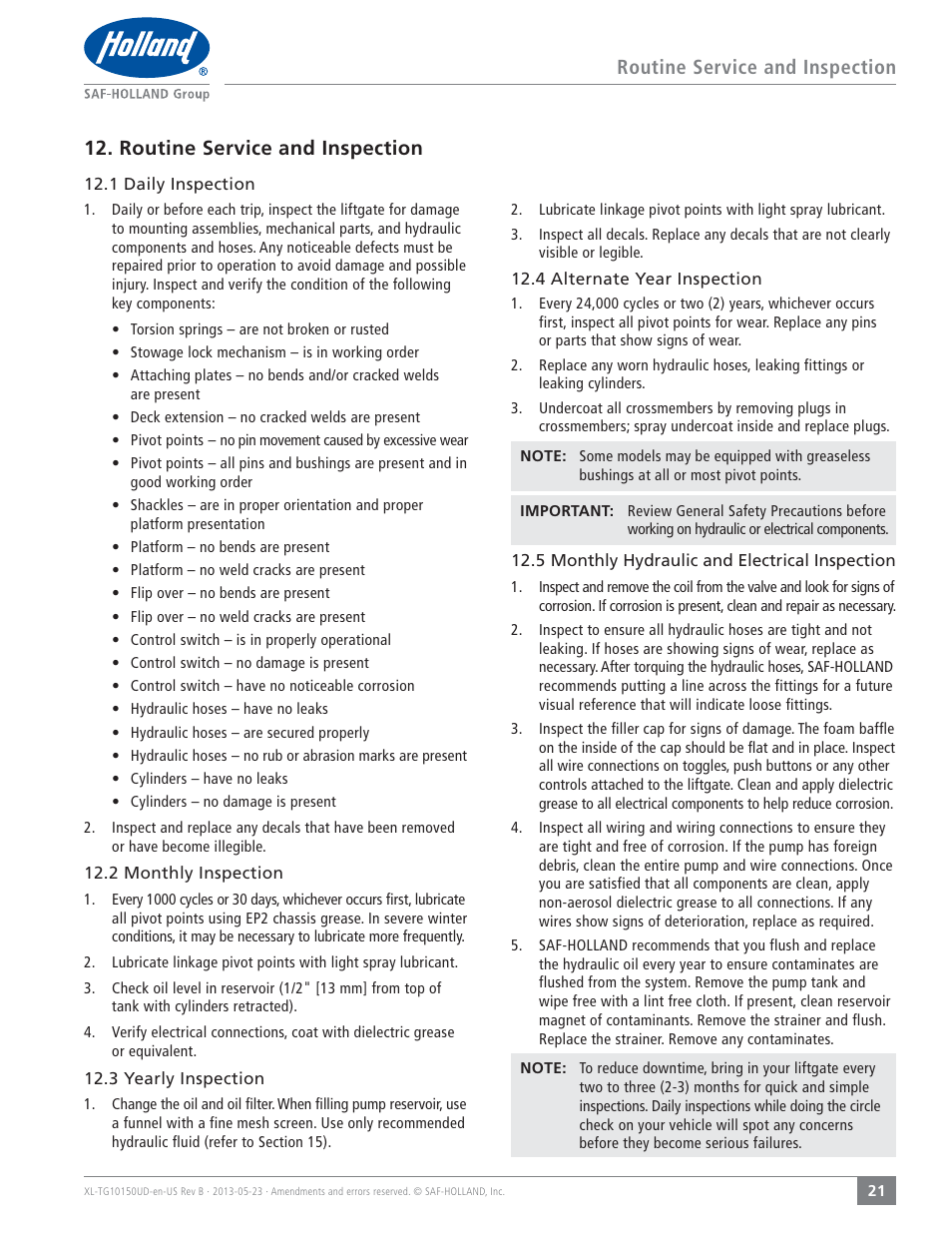 SAF-HOLLAND XL-TG10150UD TL and TG Series Liftgates User Manual | Page 21 / 28