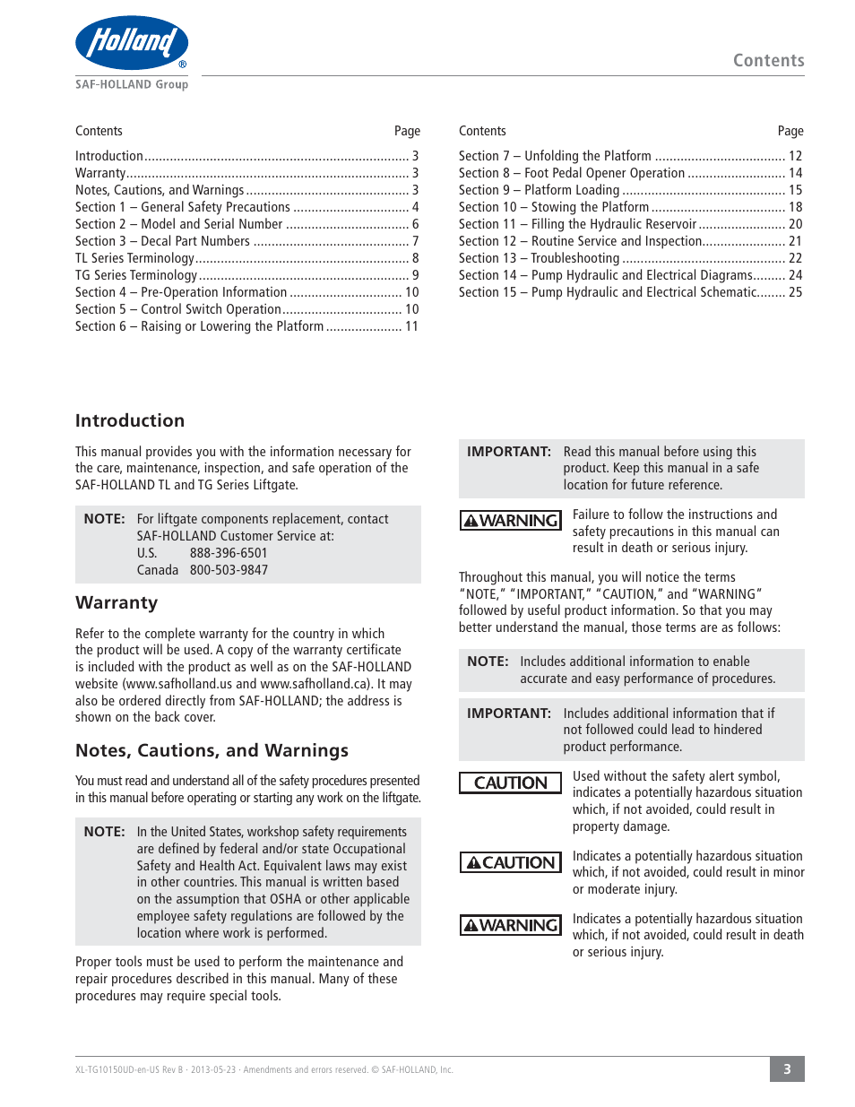 Contents introduction, Warranty | SAF-HOLLAND XL-TG10150UD TL and TG Series Liftgates User Manual | Page 3 / 28