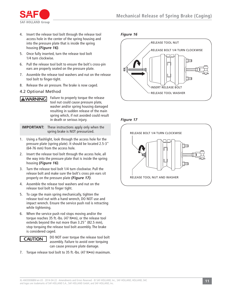 Mechanical release of spring brake (caging) | SAF-HOLLAND XL-AM20006BM Brake and Service Chamber User Manual | Page 11 / 16