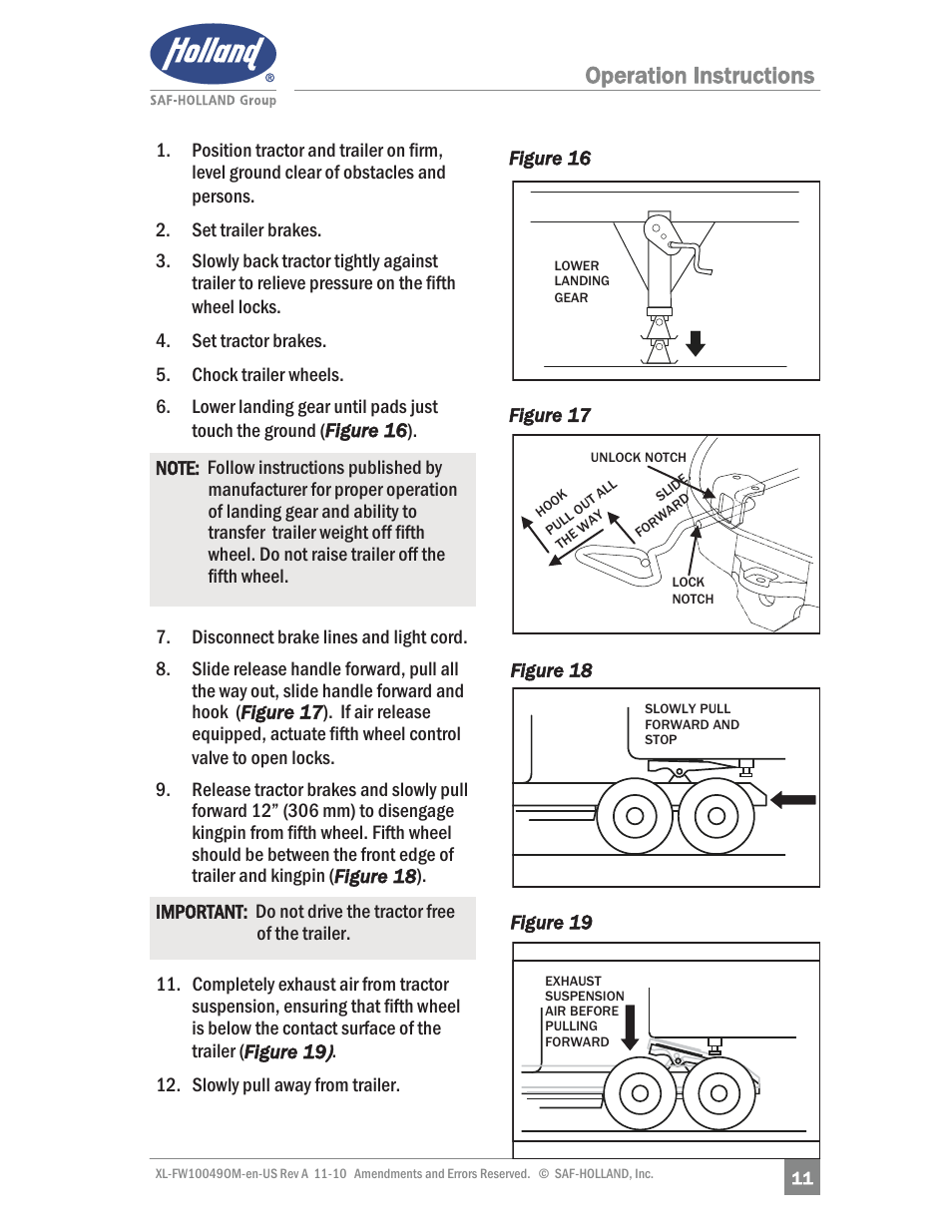 Operation instructions | SAF-HOLLAND XL-FW10049OM AL Aluminum NoLube Series Fifth Wheels User Manual | Page 11 / 24