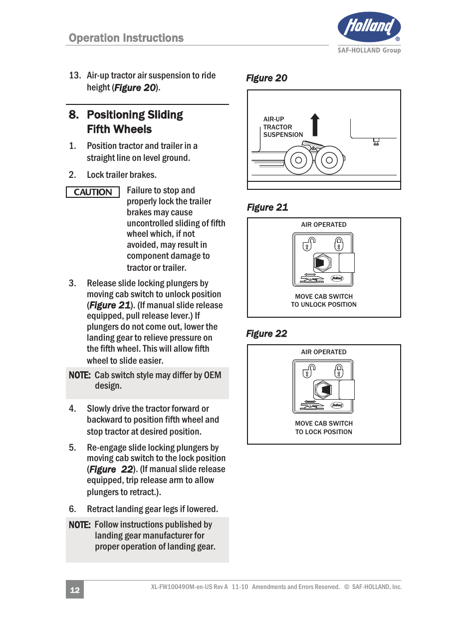 Operation instructions, Positioning sliding fifth wheels | SAF-HOLLAND XL-FW10049OM AL Aluminum NoLube Series Fifth Wheels User Manual | Page 12 / 24