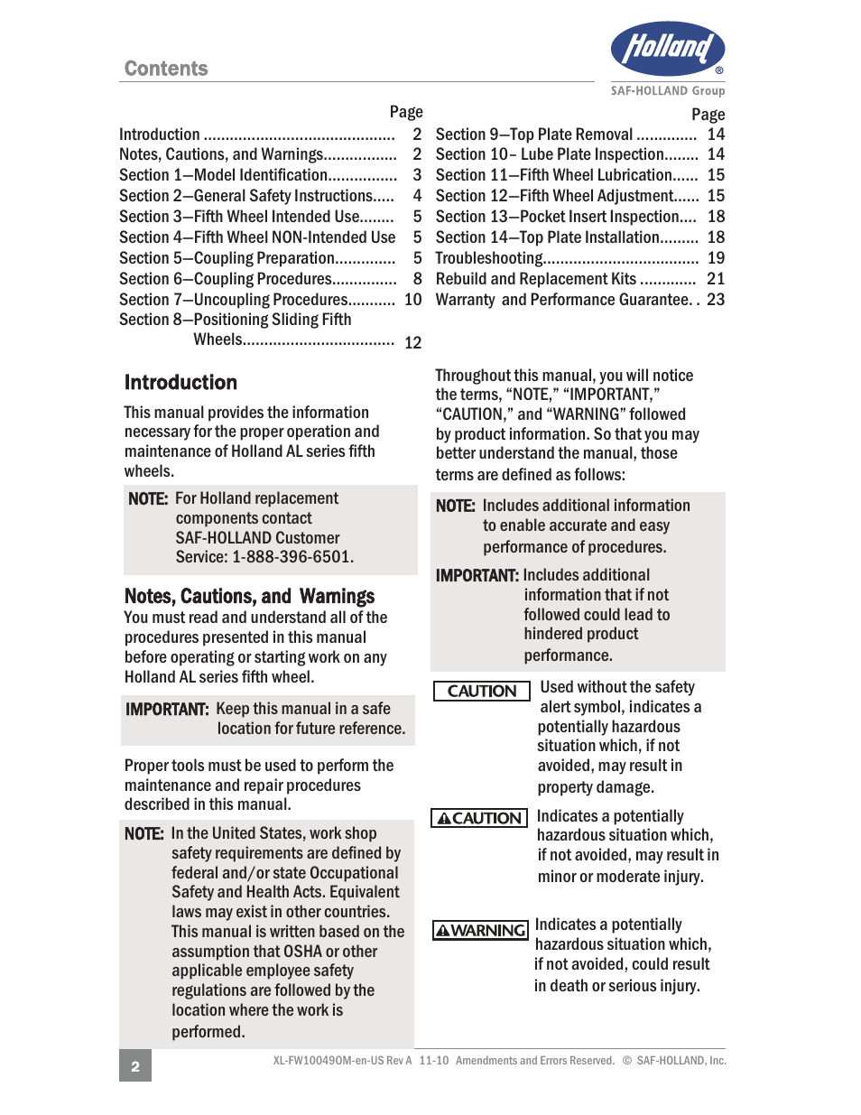 Contents introduction | SAF-HOLLAND XL-FW10049OM AL Aluminum NoLube Series Fifth Wheels User Manual | Page 2 / 24